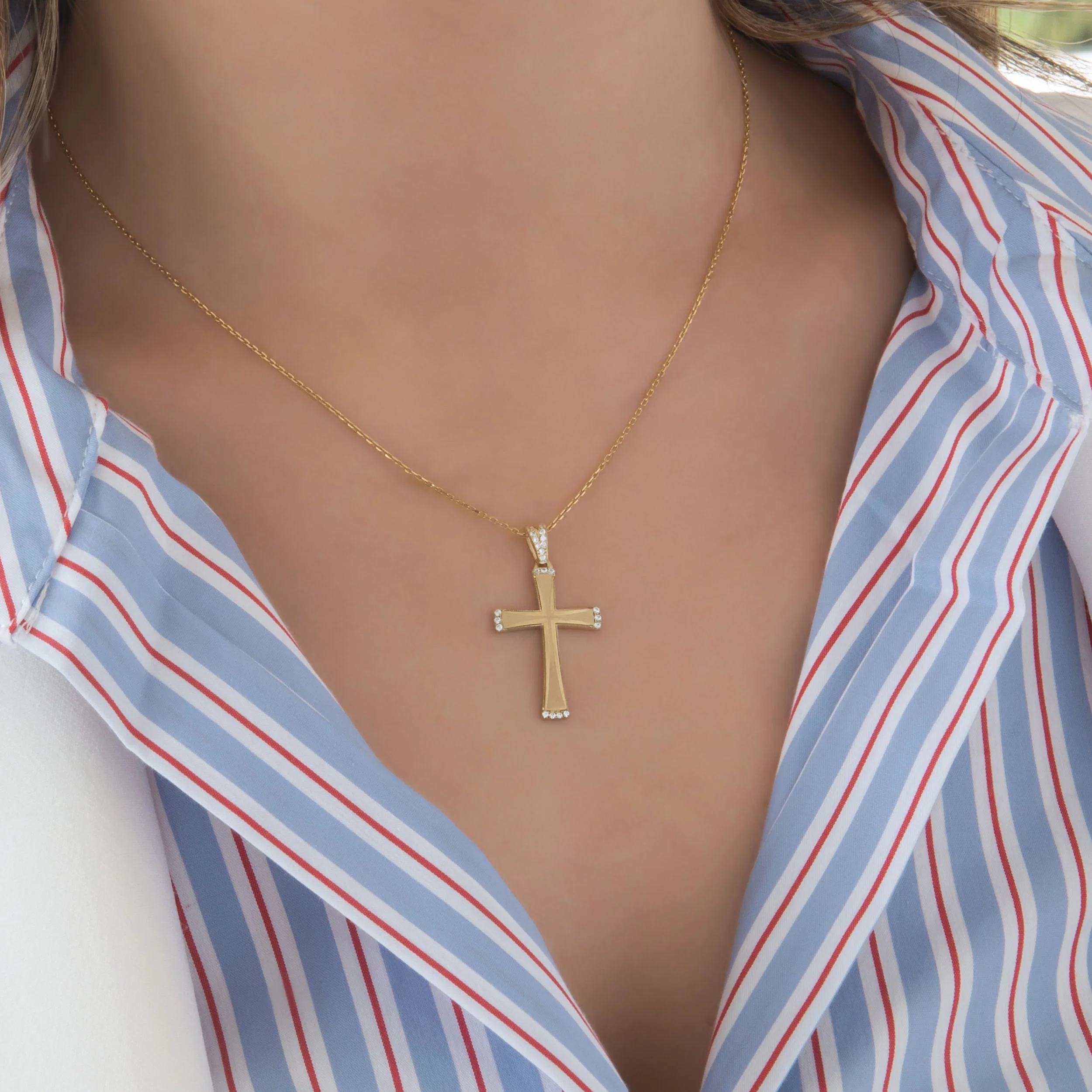 Yellow Gold 9k Cross Pendant with White Cubic Zirconia - Dual Finish — additional product image 2 from AntEva Crafts