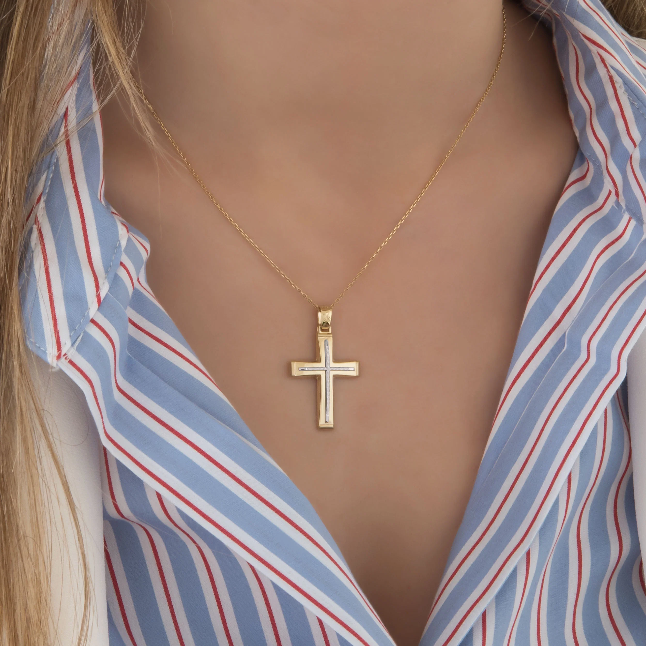 Yellow Gold 9K Two-Tone Cross Pendant with White Gold Textured Center — additional product image 2 from AntEva Crafts