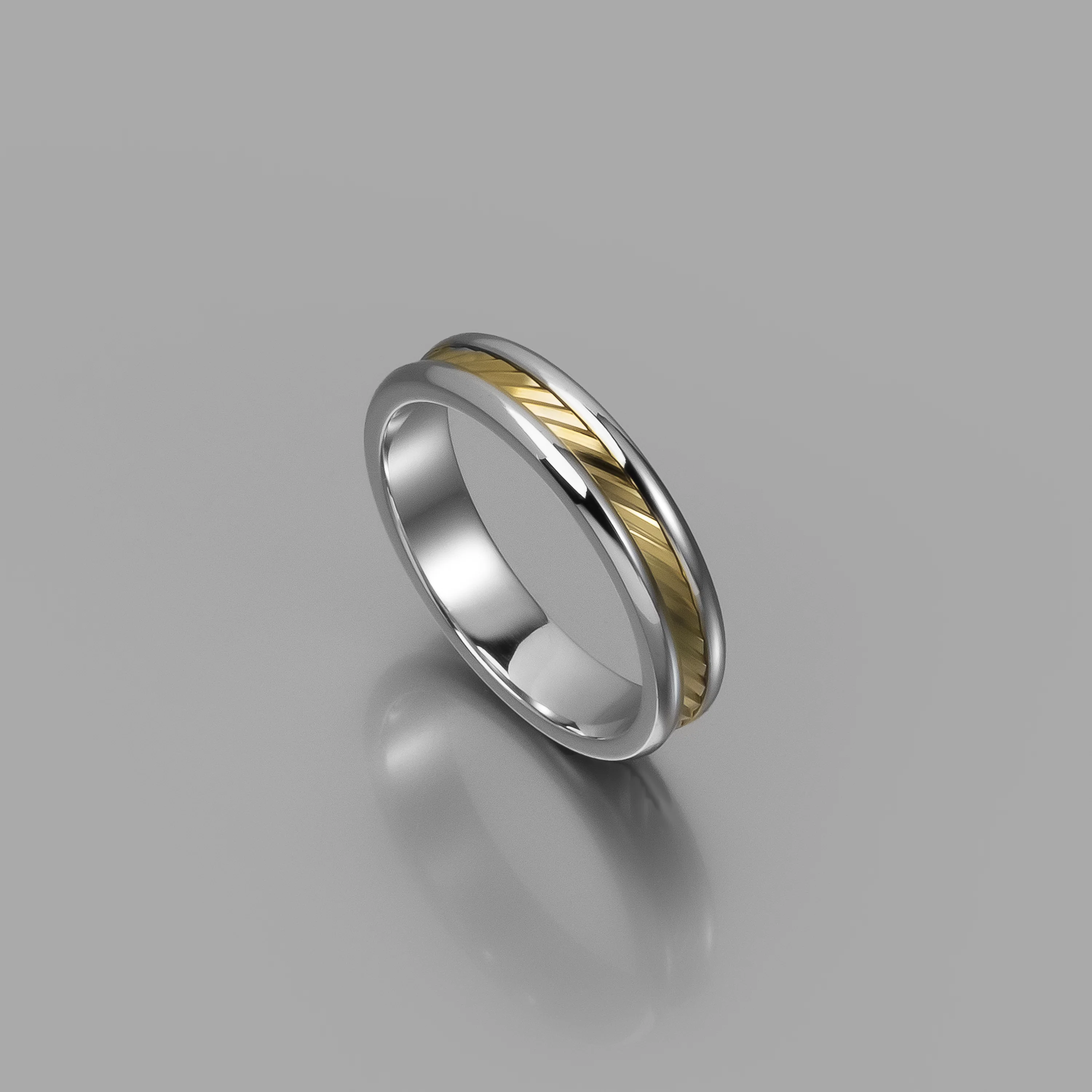Sterling Silver Wedding Band with Diagonal Grooved Solid Yellow Gold Inlay