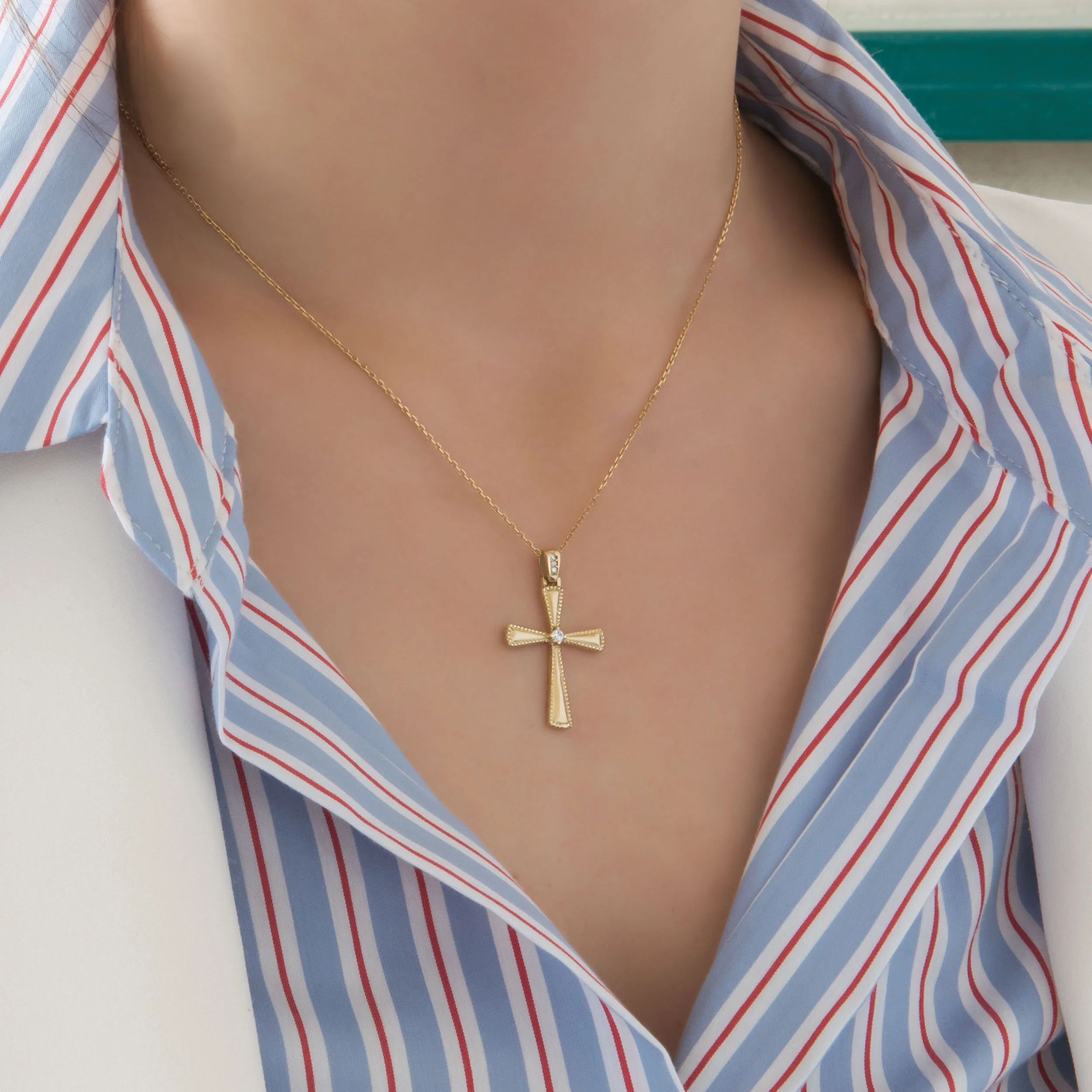 Yellow Gold Milgrain Cross Pendant with White CZ — additional product image 2 from AntEva Crafts