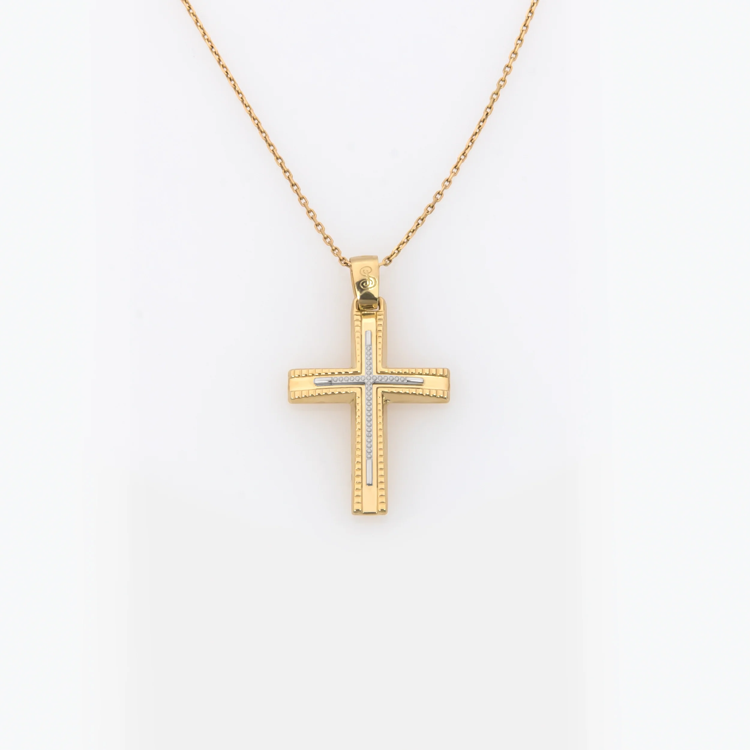 Yellow Gold Two-Tone Cross with Linear Texture & White Gold Accent