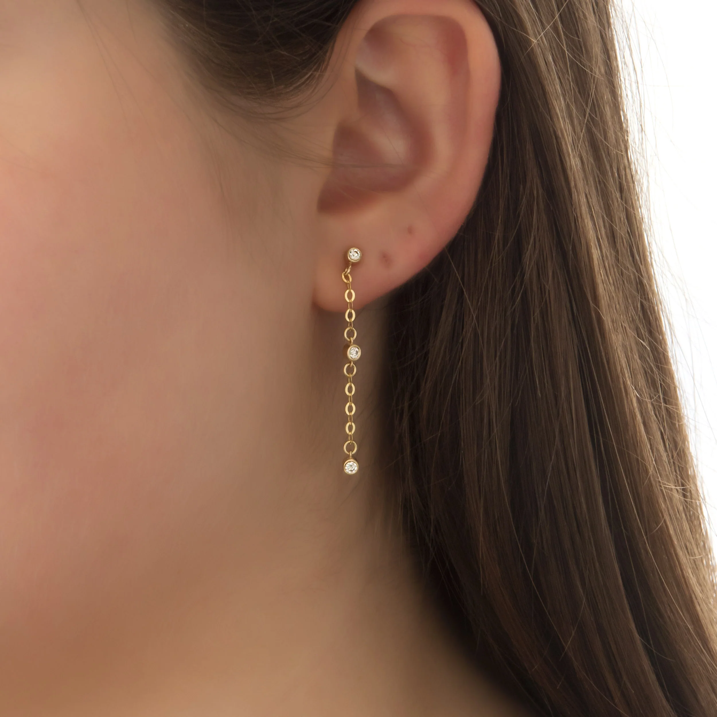 14K Solid Gold Diamond Chain Drop Earrings – 3 Lab-Grown Diamond Dangle Earrings — additional product image 2 from AntEva Crafts