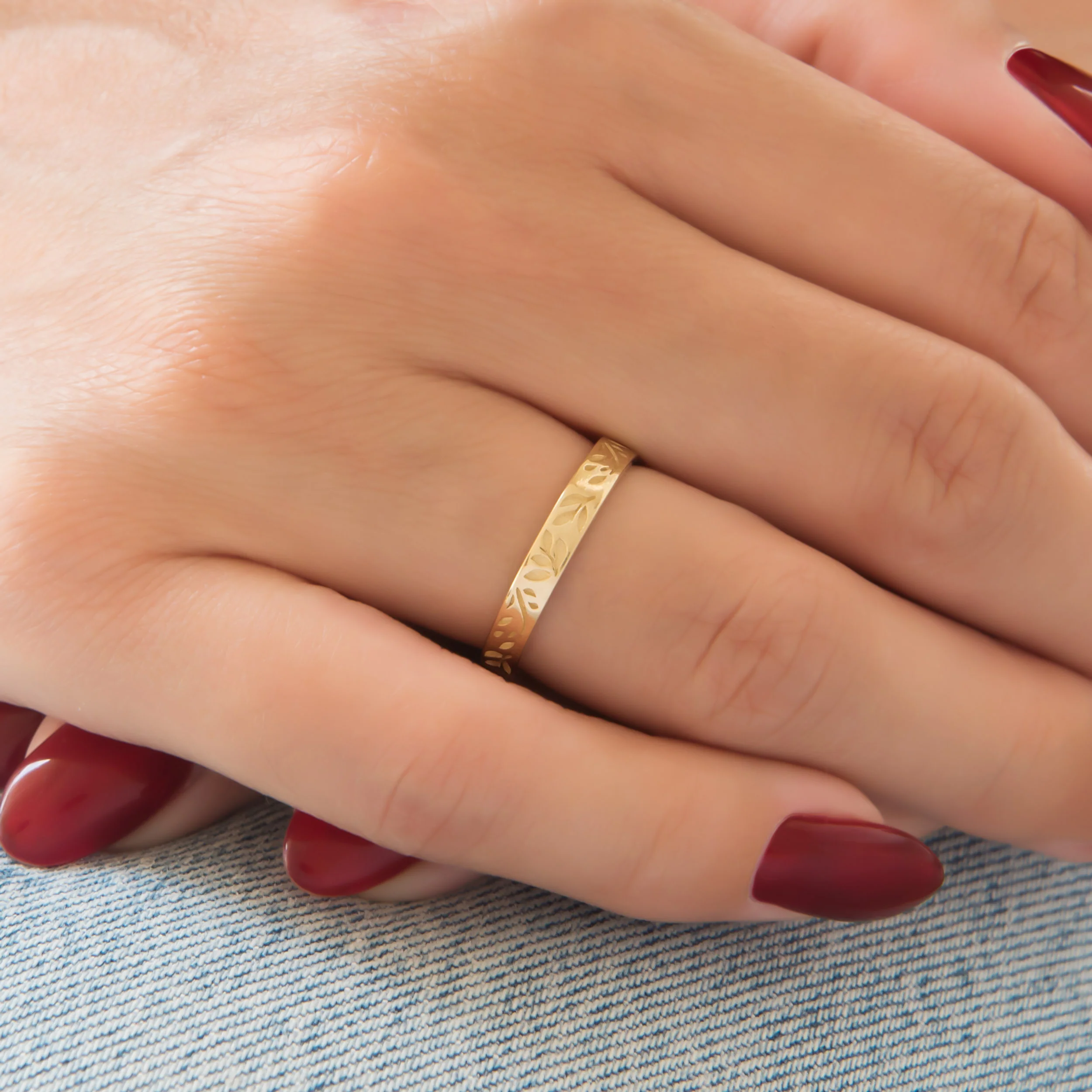 Solid Gold Olive Leaf Engraved Band Ring – Floral Stackable Ring — additional product image 3 from AntEva Crafts