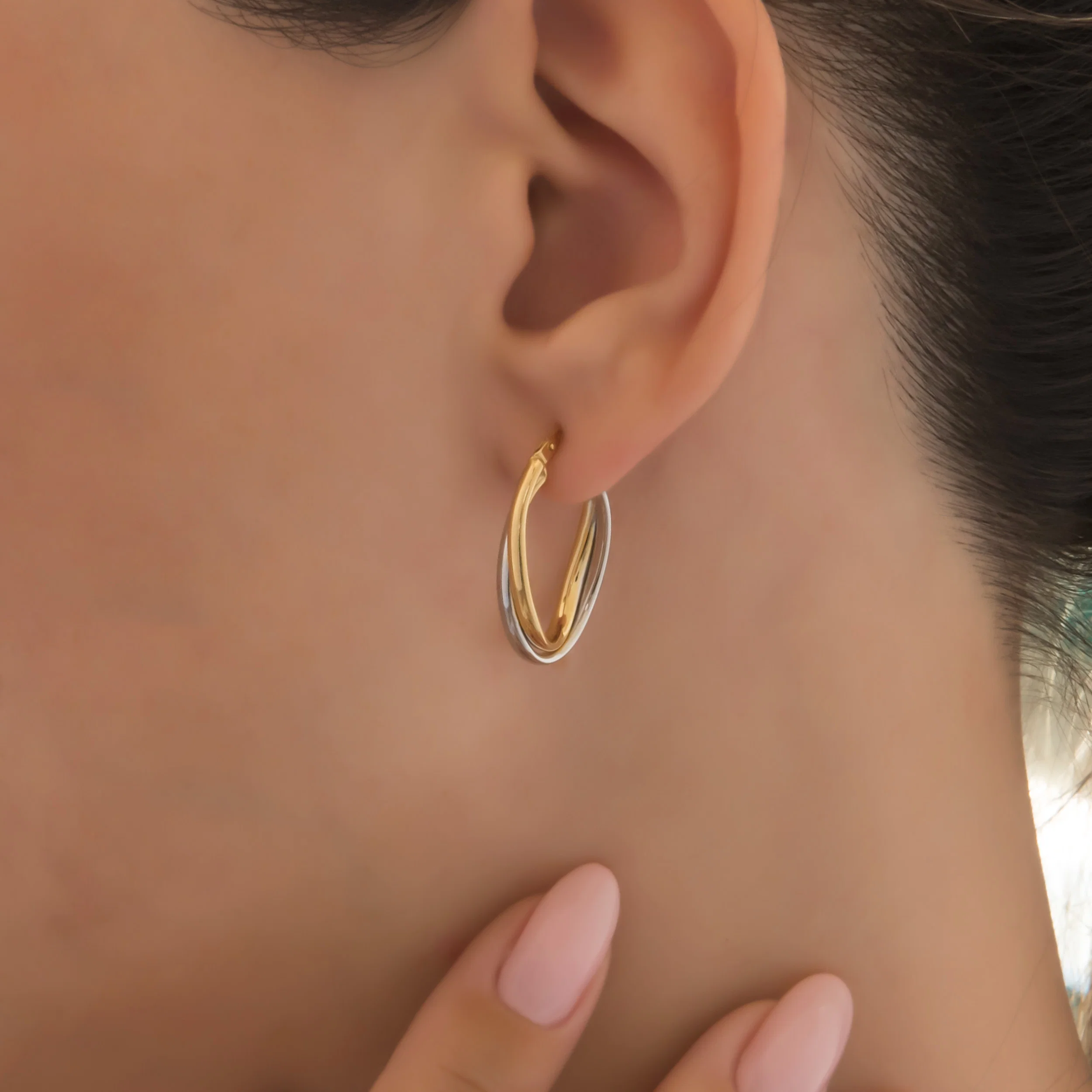 14K Two-Tone Gold Crossover Hoop Earrings – Intertwined Oval Hoops — additional product image 2 from AntEva Crafts