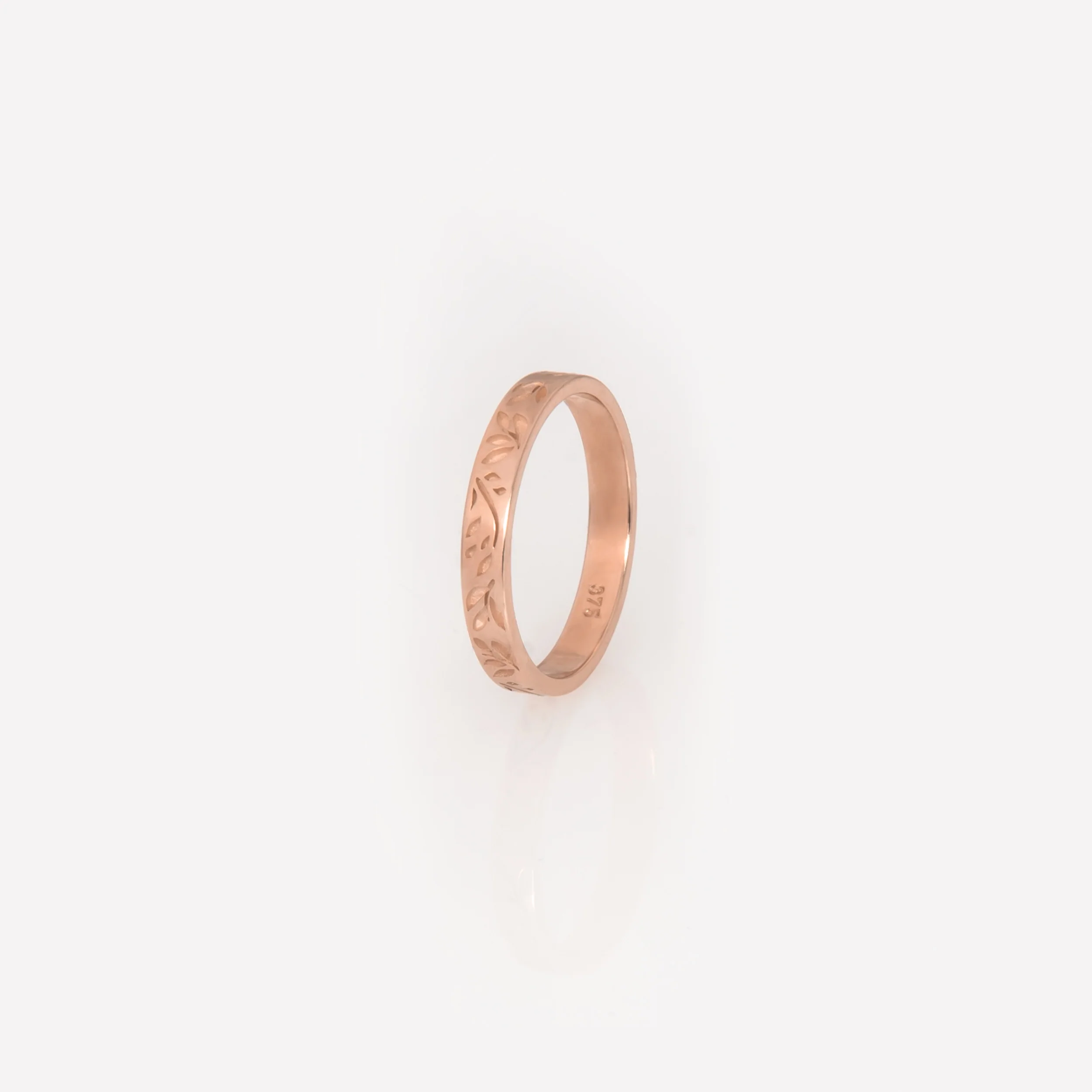 Solid Gold Olive Leaf Engraved Band Ring – Floral Stackable Ring — additional product image 6 from AntEva Crafts