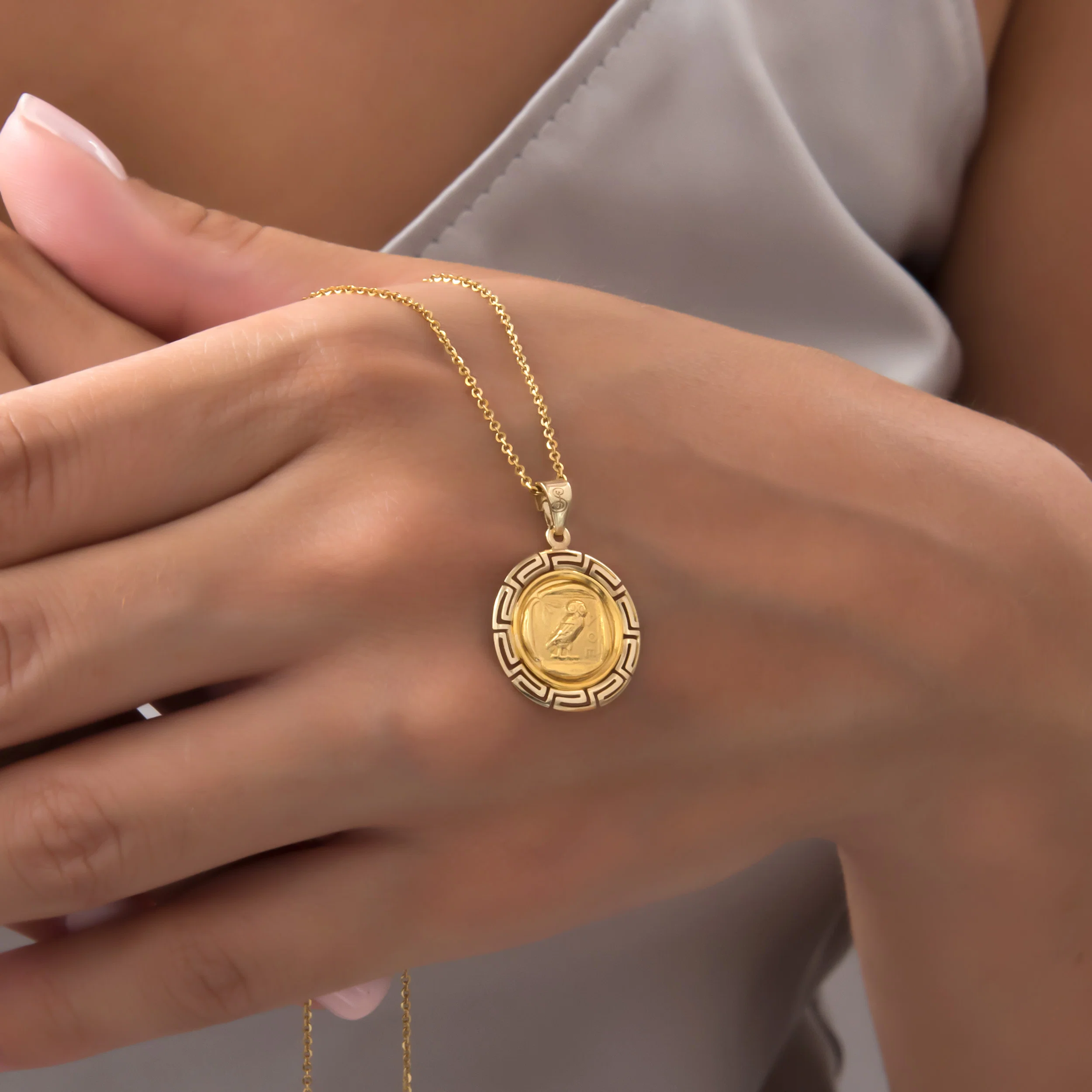 Round Athenian Owl Meander Pendant — additional product image 4 from AntEva Crafts