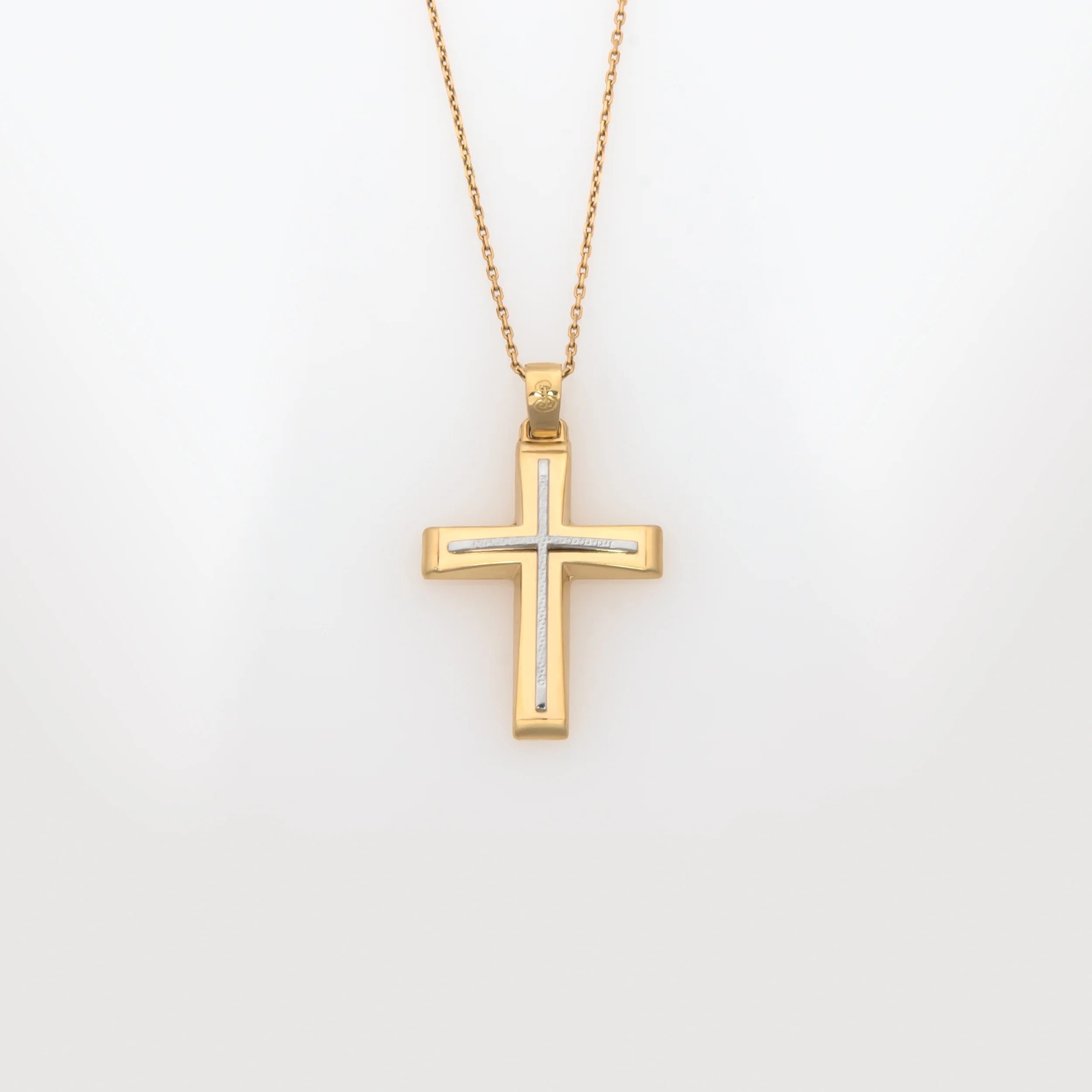 Yellow Gold 9K Two-Tone Cross Pendant with White Gold Textured Center