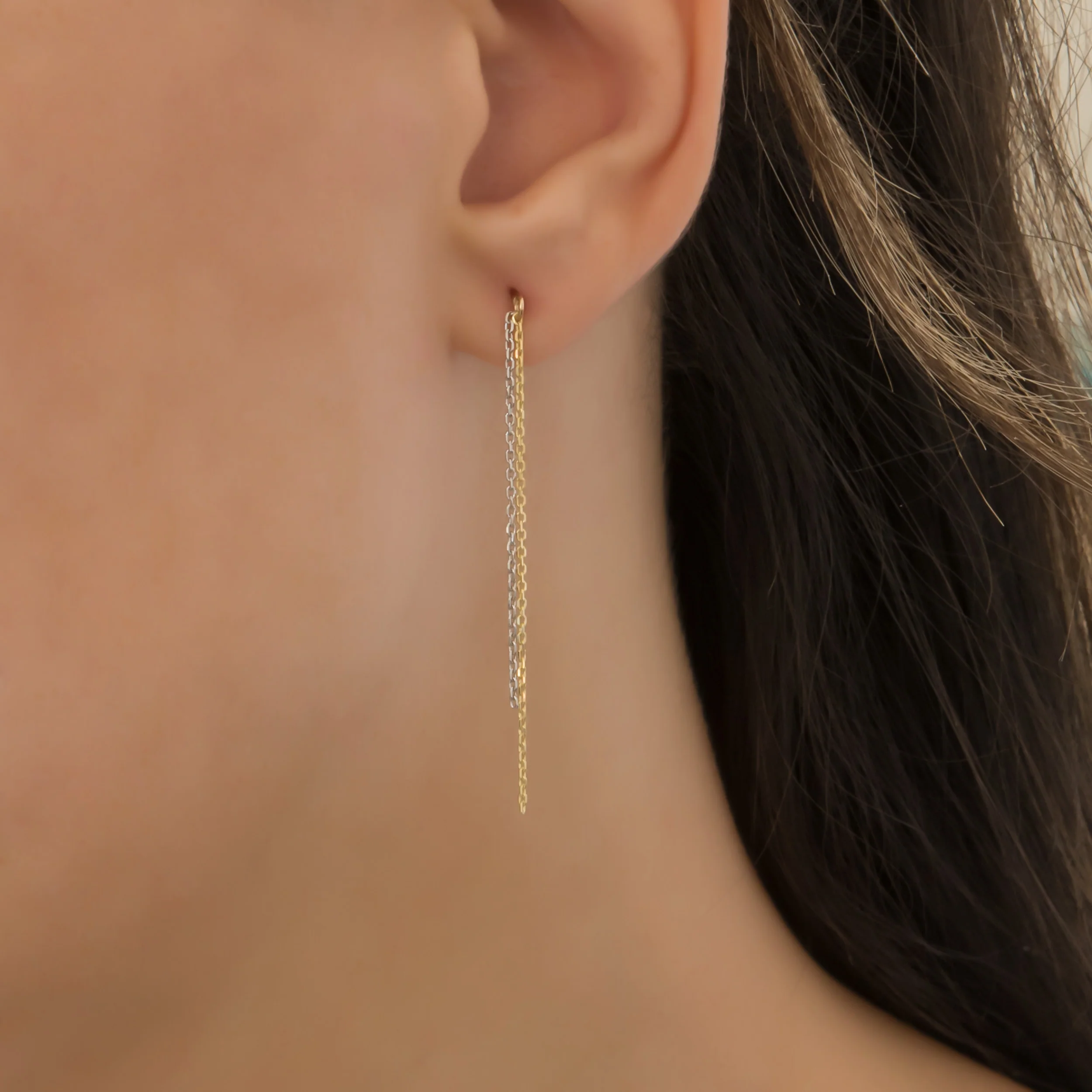 14K Two-Tone Threader Earrings – Yellow & White Gold Chain Earrings — additional product image 2 from AntEva Crafts