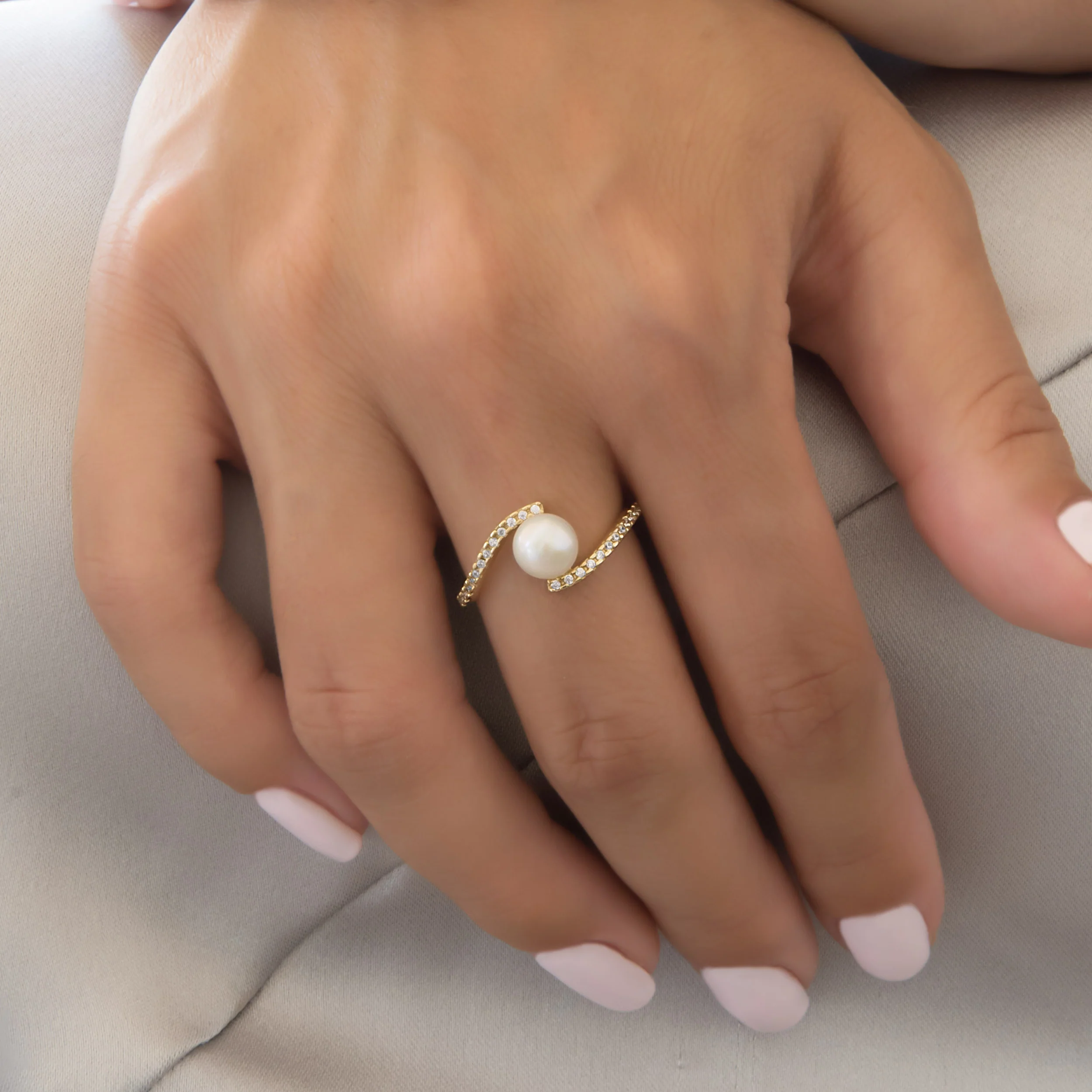 Wavy Bypass Pearl 14k Gold Vermeil Ring — additional product image 4 from AntEva Crafts