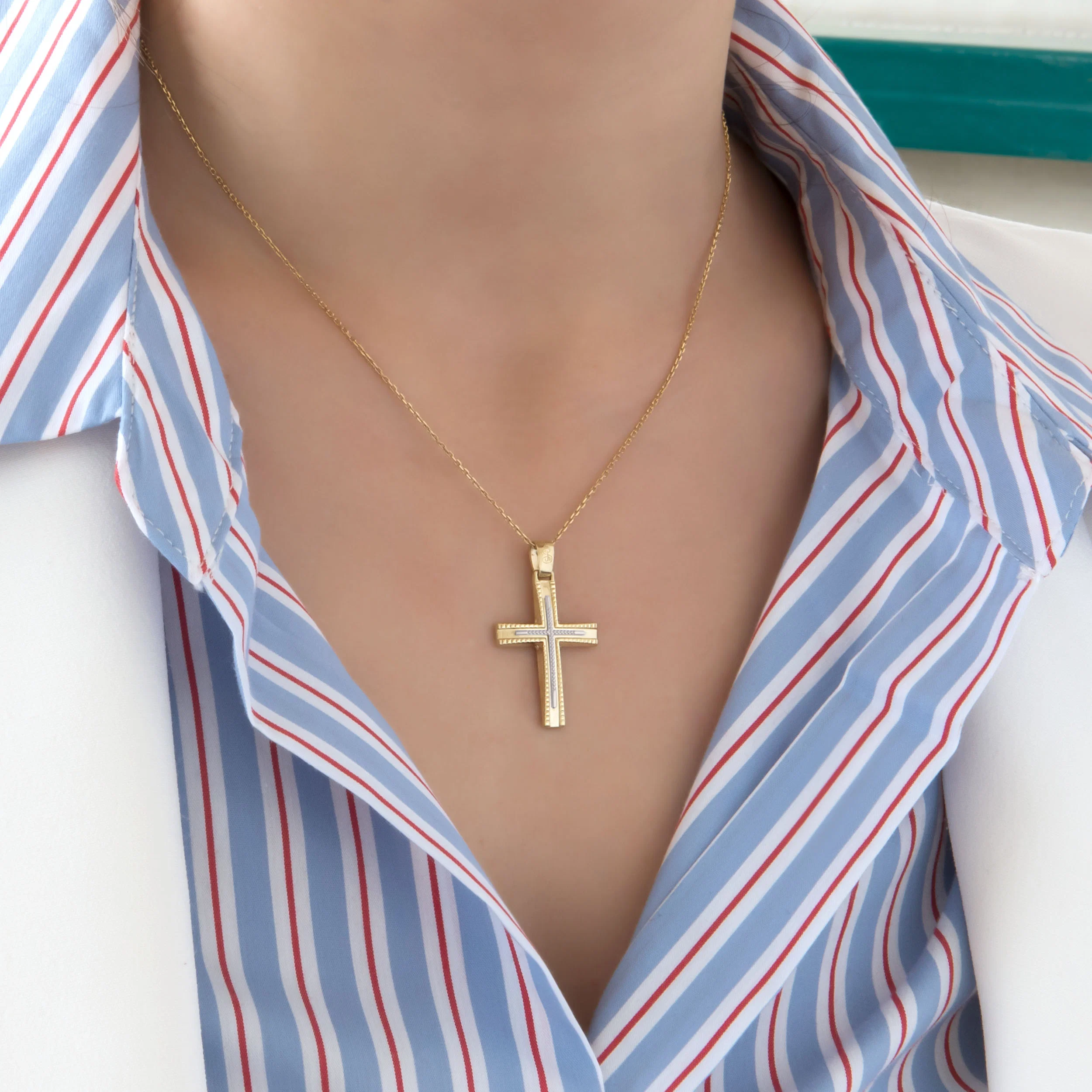 Yellow Gold Two-Tone Cross with Linear Texture & White Gold Accent — additional product image 2 from AntEva Crafts
