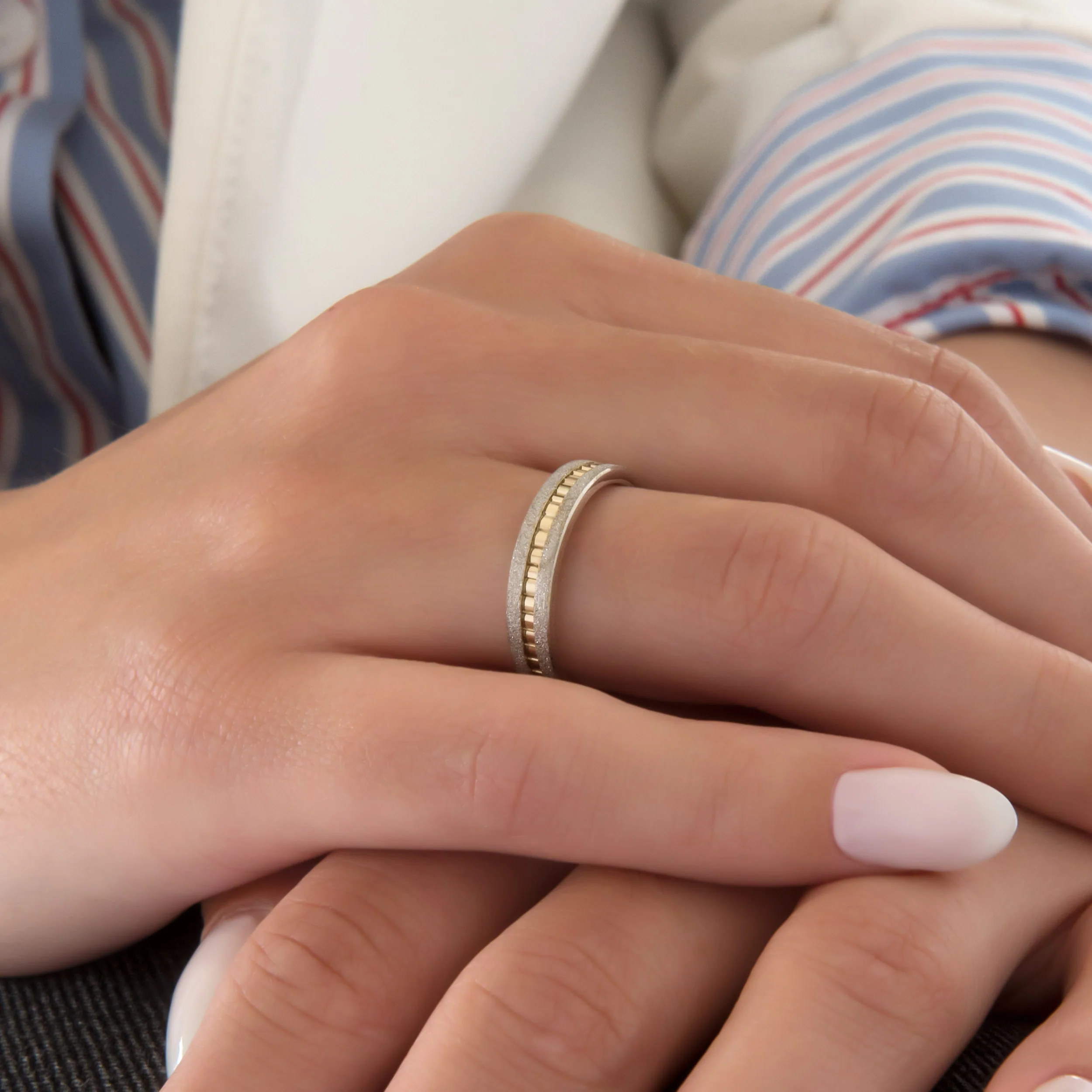 Two Tone Sterling Silver & Solid Gold Ribbed and Matte Band Ring — additional product image 2 from AntEva Crafts