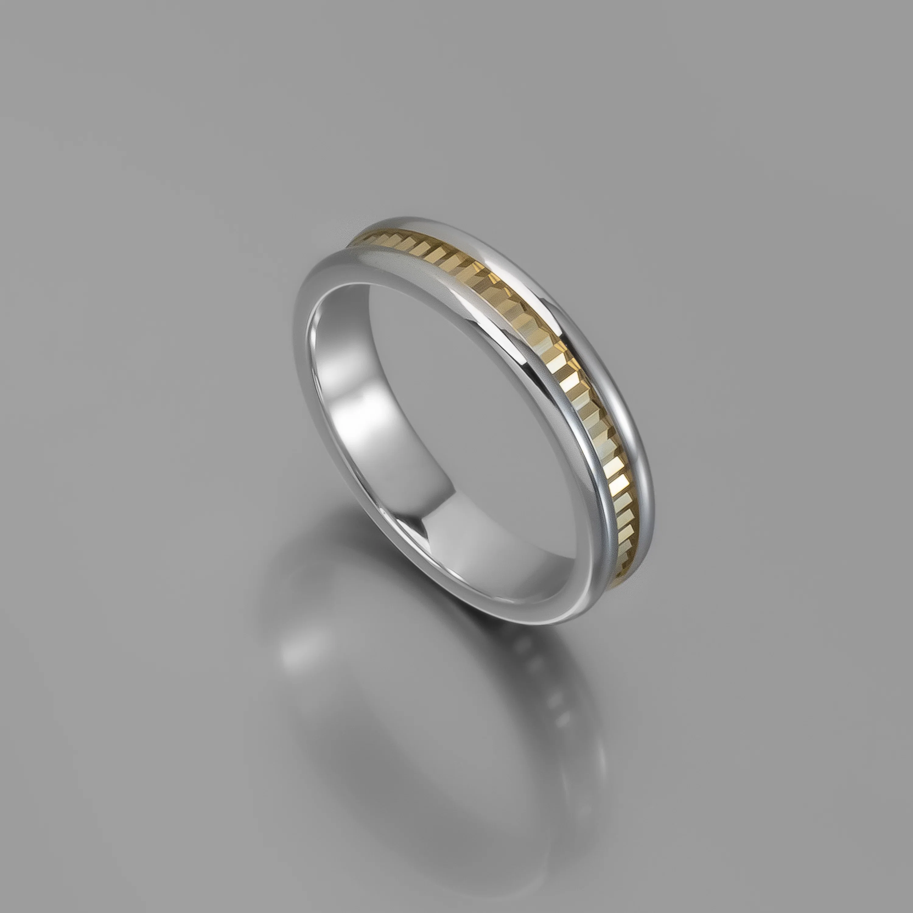 Polished Sterling Silver Wedding Band with Geometric Faceted Solid Gold Inlay