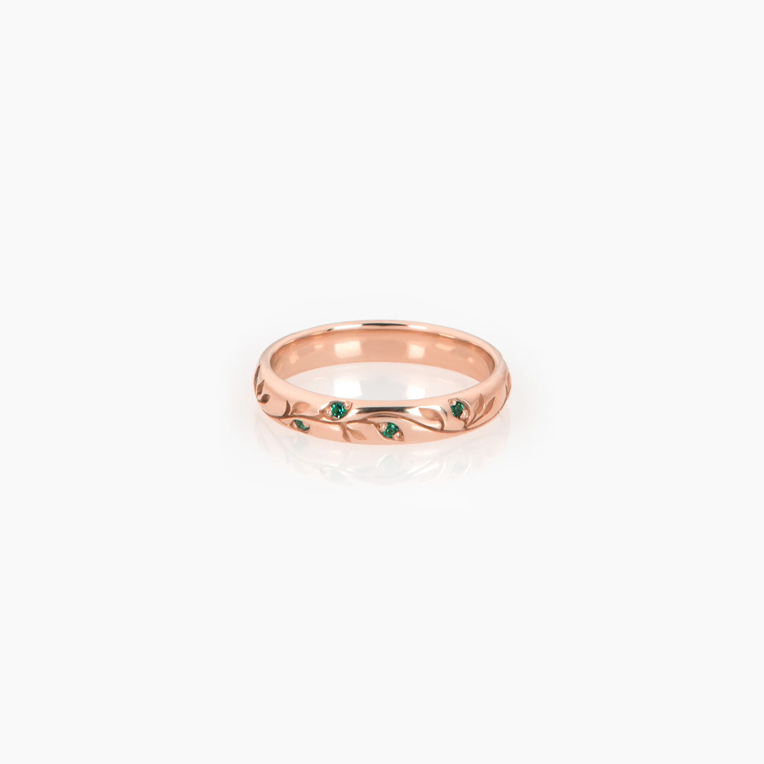 Solid Gold Botanical Wedding Band – Verdure Engraved Leaf Ring with Gemstone Accents — additional product image 5 from AntEva Crafts