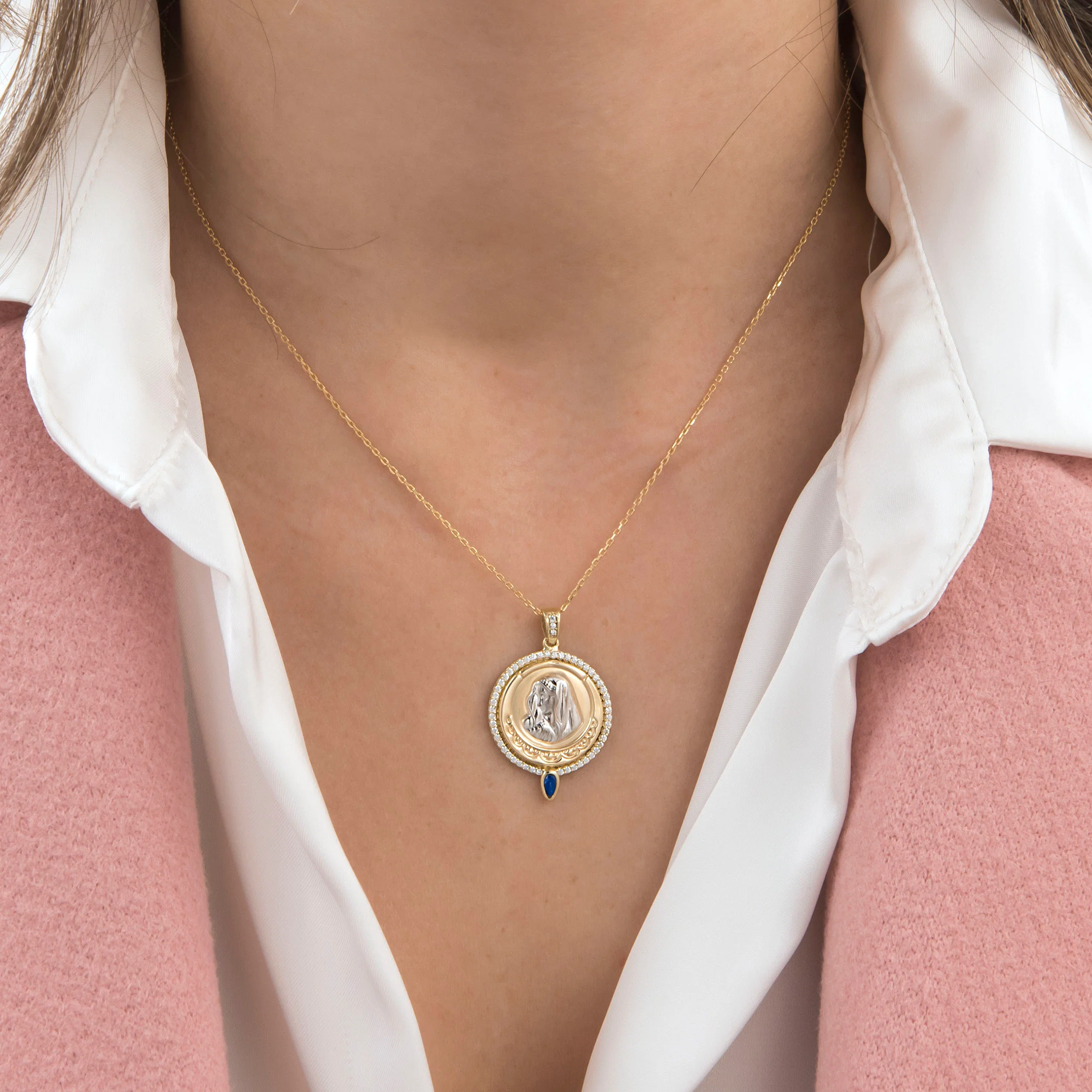Gold Holy Mary Necklace with Marquise Shape Gem — additional product image 2 from AntEva Crafts
