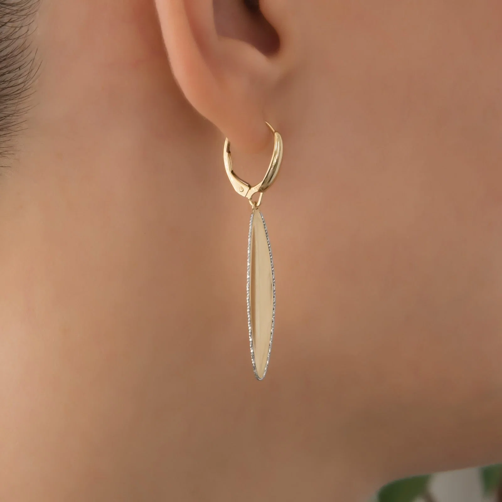 Gold Hanging Leaf Marquise Shaped Earrings — additional product image 2 from AntEva Crafts