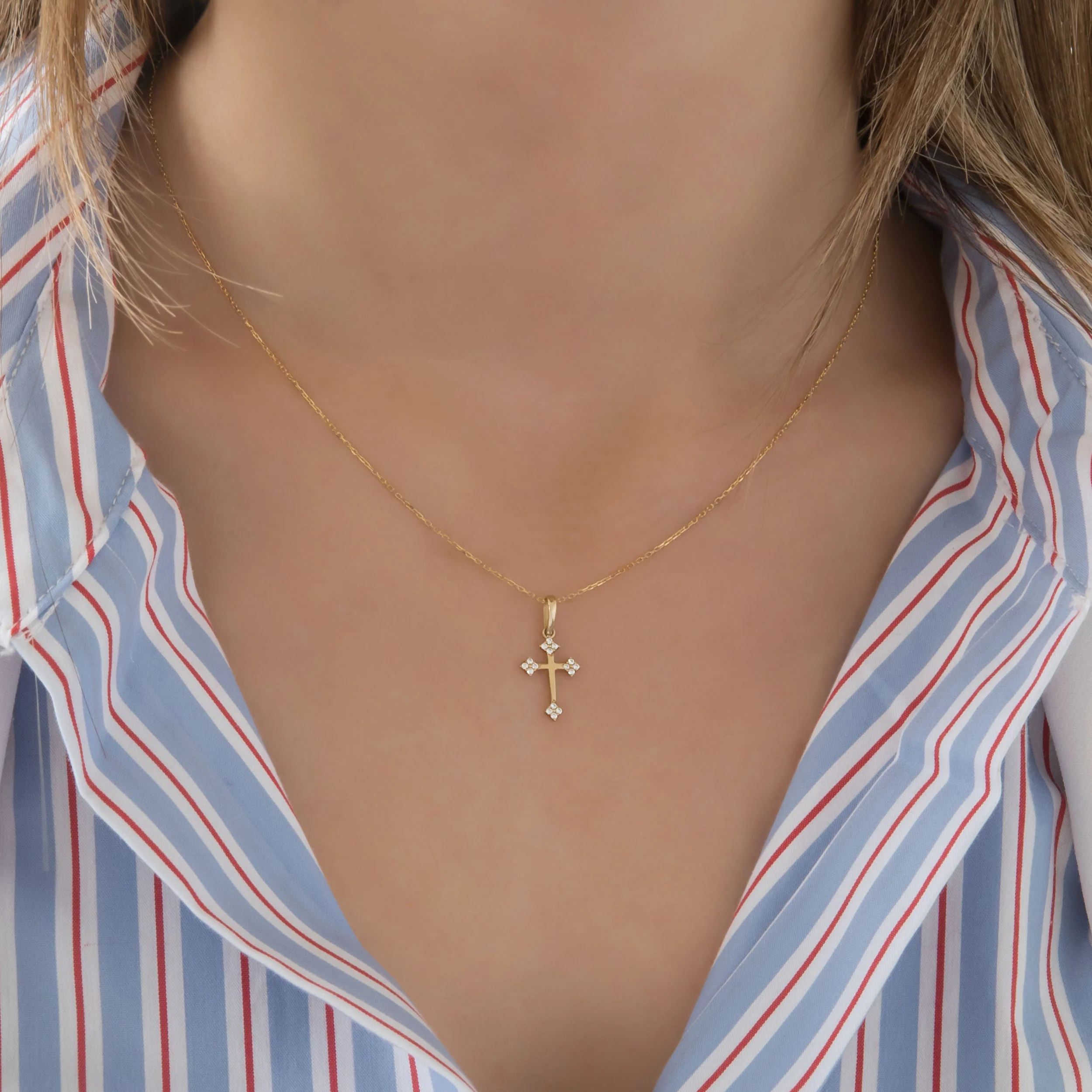 Solid Gold 14k Cross Necklace with Petal Ends — additional product image 2 from AntEva Crafts