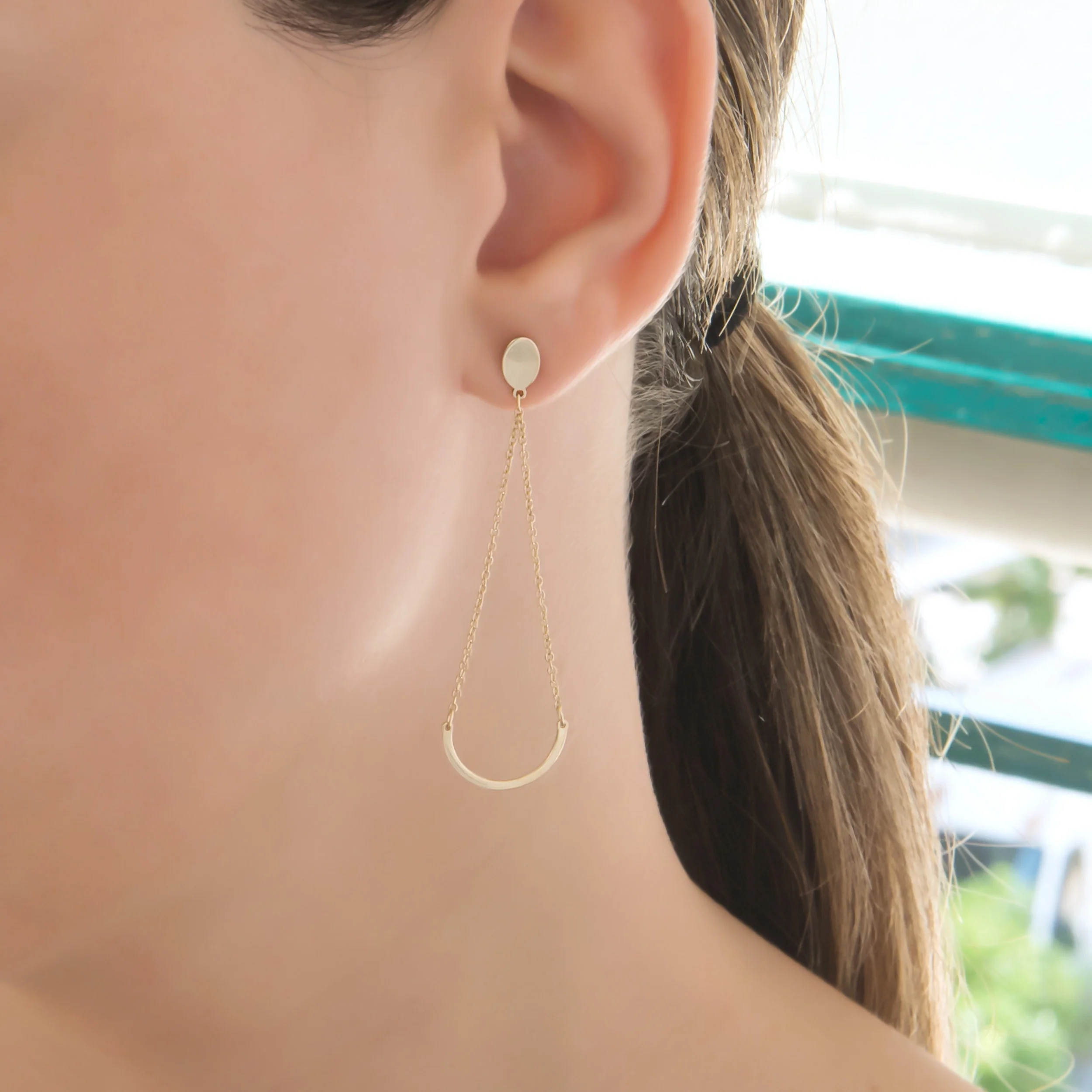 Solid Gold Smile Threader Earrings – Minimalist Crescent Chain Earrings — additional product image 2 from AntEva Crafts