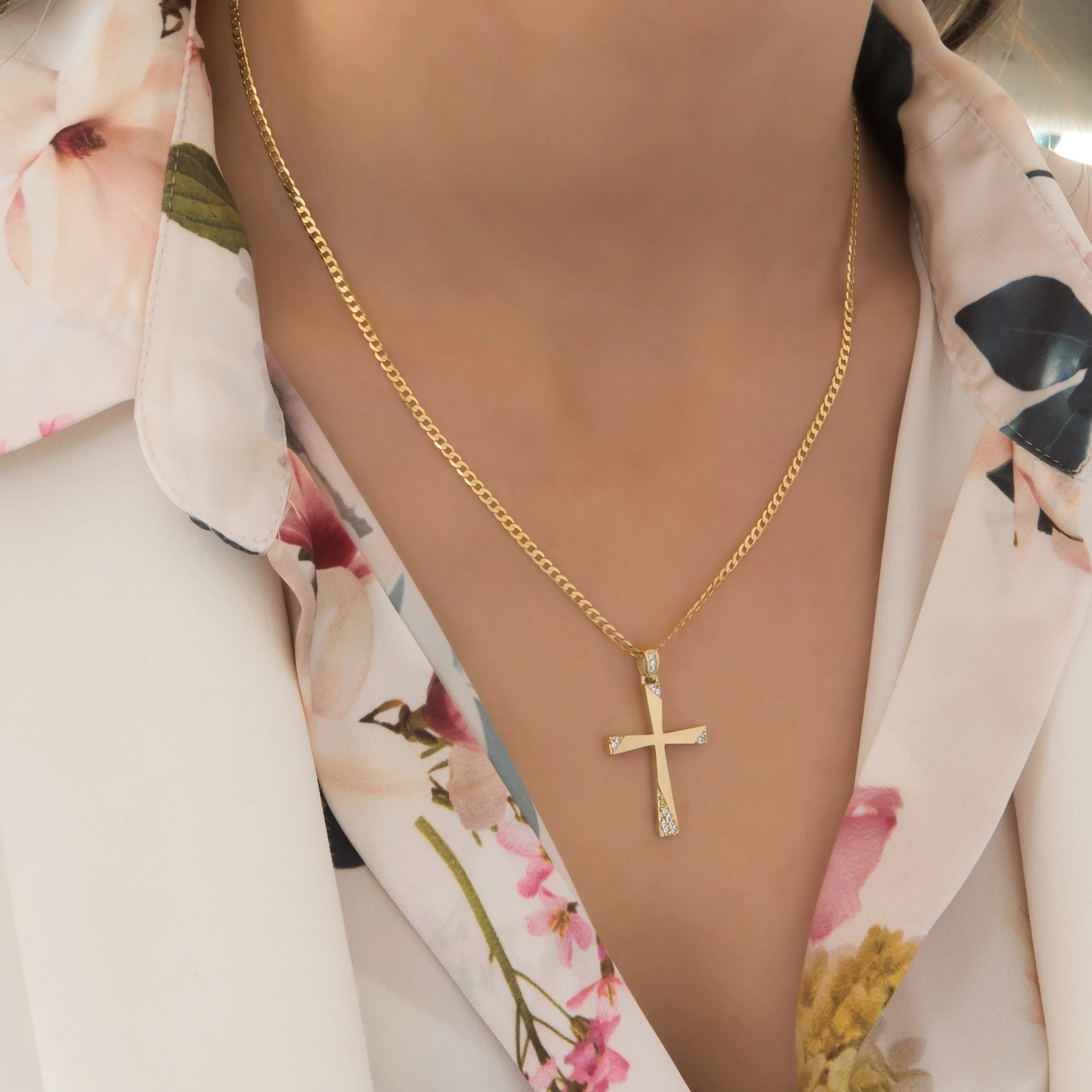Gold Cross Pendant with Edge-Set CZ Stones — additional product image 2 from AntEva Crafts