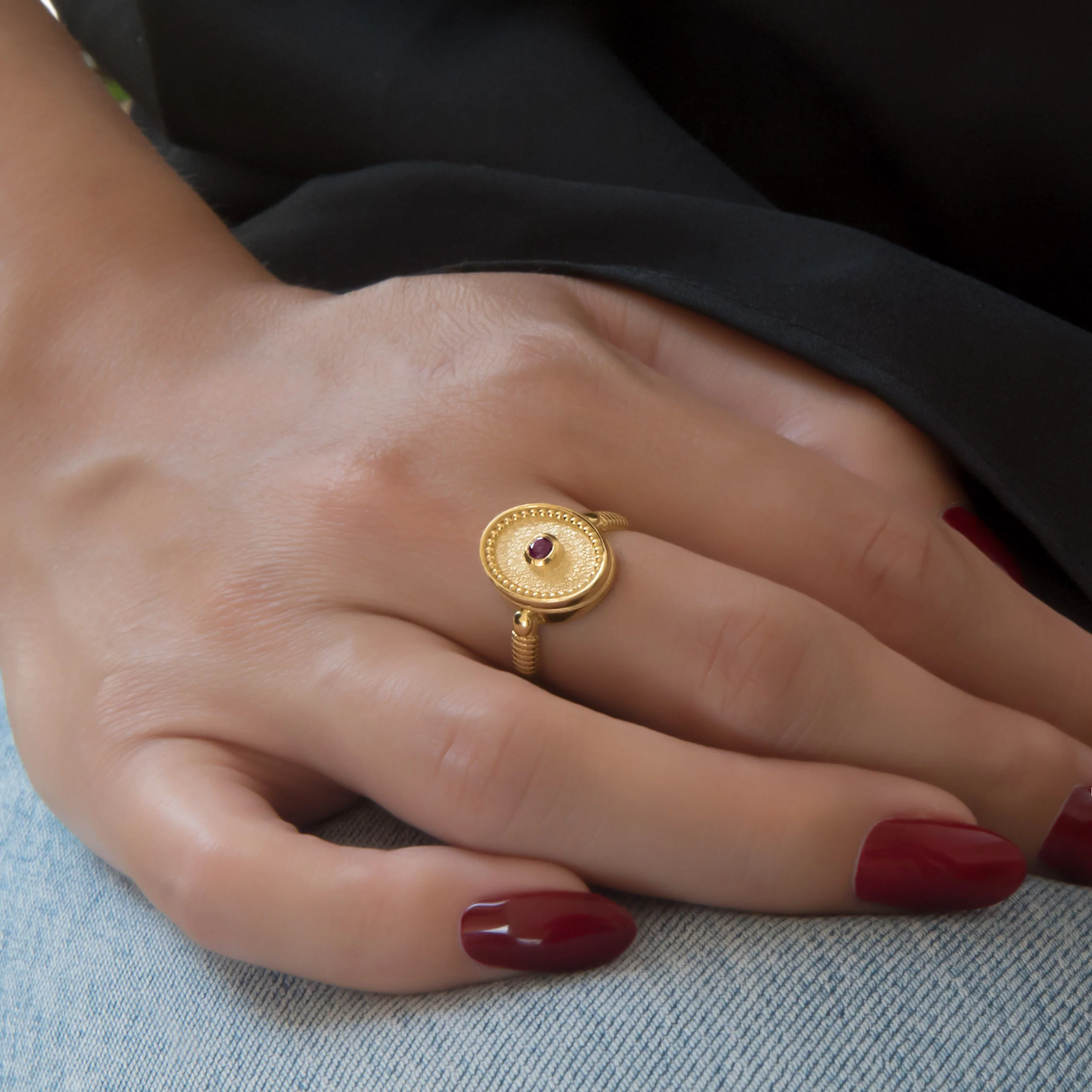 Solid Gold Oval Birthstone Ring – Vintage Milgrain Byzantine Ring — additional product image 3 from AntEva Crafts