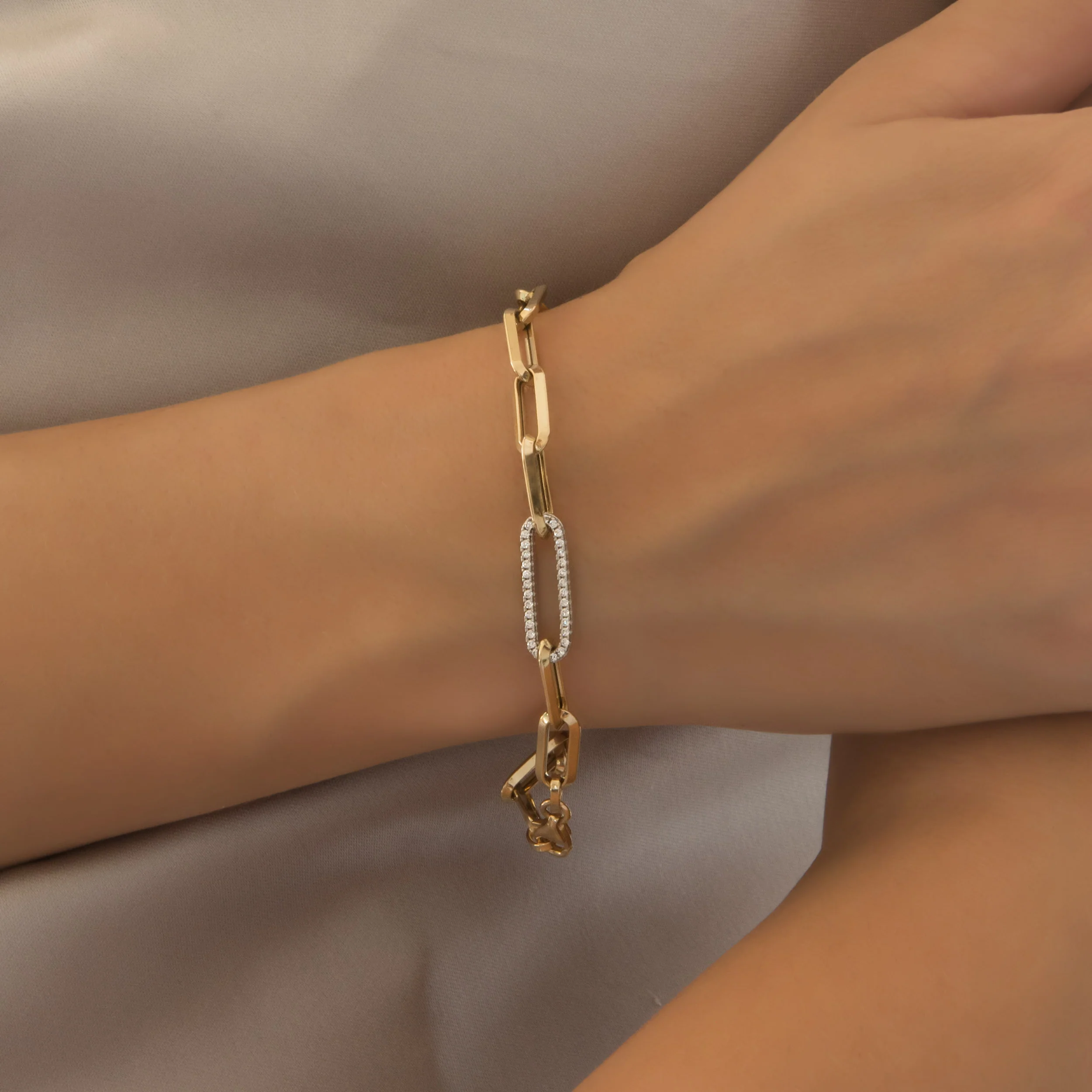 14K Two-Tone Paperclip Bracelet – Oval Link Gold Bracelet with White CZ