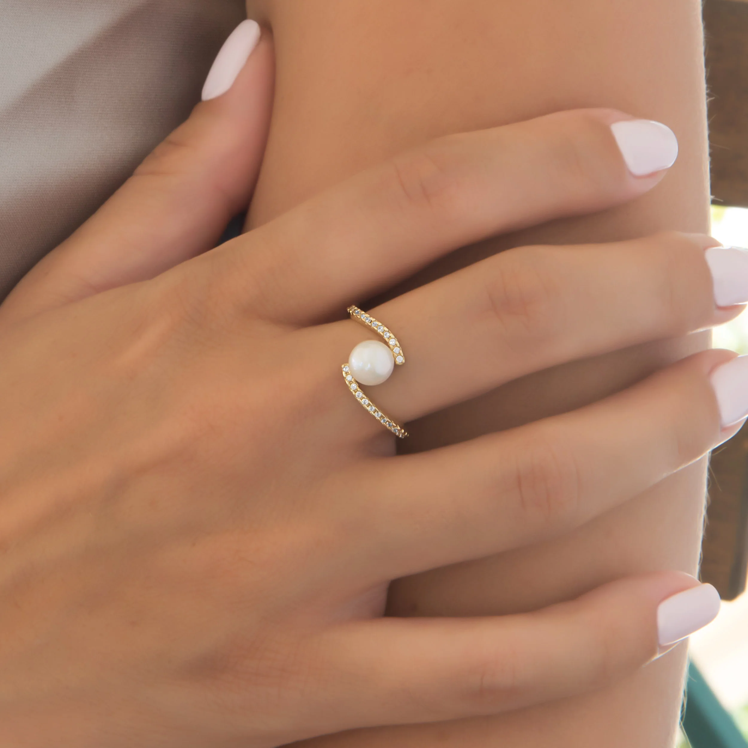 Wavy Bypass Pearl 14k Gold Vermeil Ring — additional product image 2 from AntEva Crafts