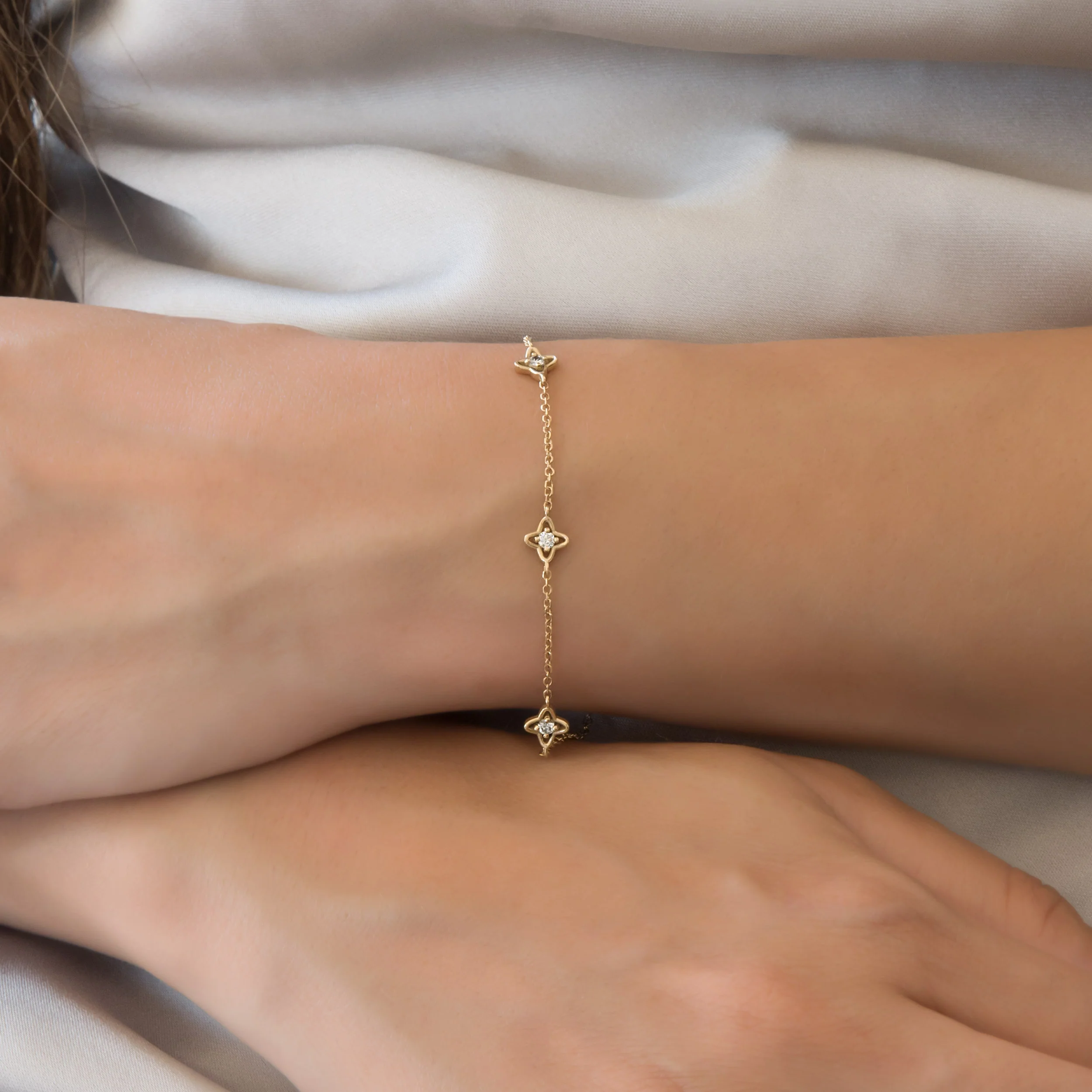 14K Gold Clover Diamond Station Bracelet – Triple Floral Lab-Grown Diamond Bracelet — additional product image 2 from AntEva Crafts