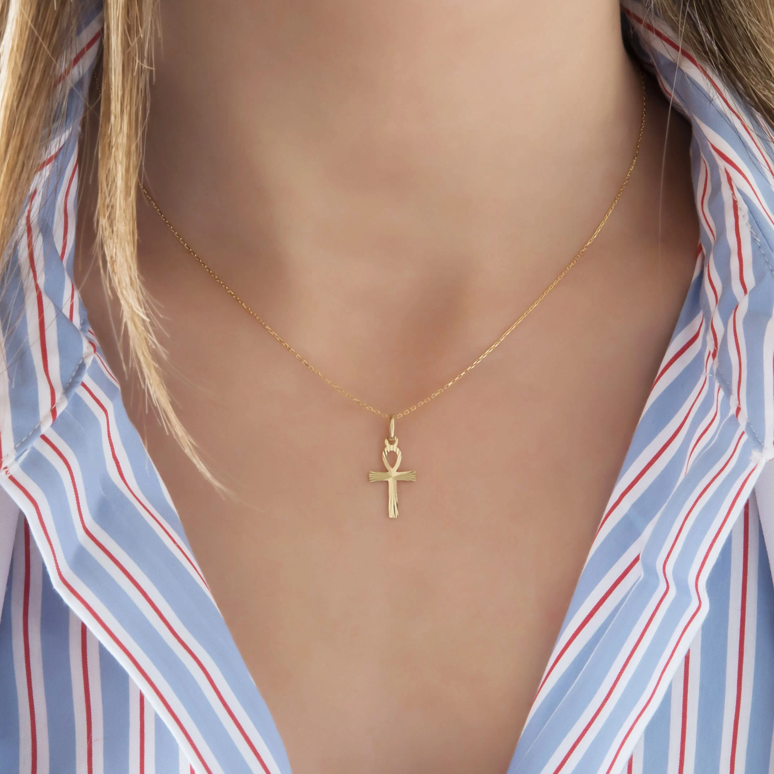 Solid Gold 14K Ankh Cross Necklace Diamond-Cut Pendant — additional product image 2 from AntEva Crafts