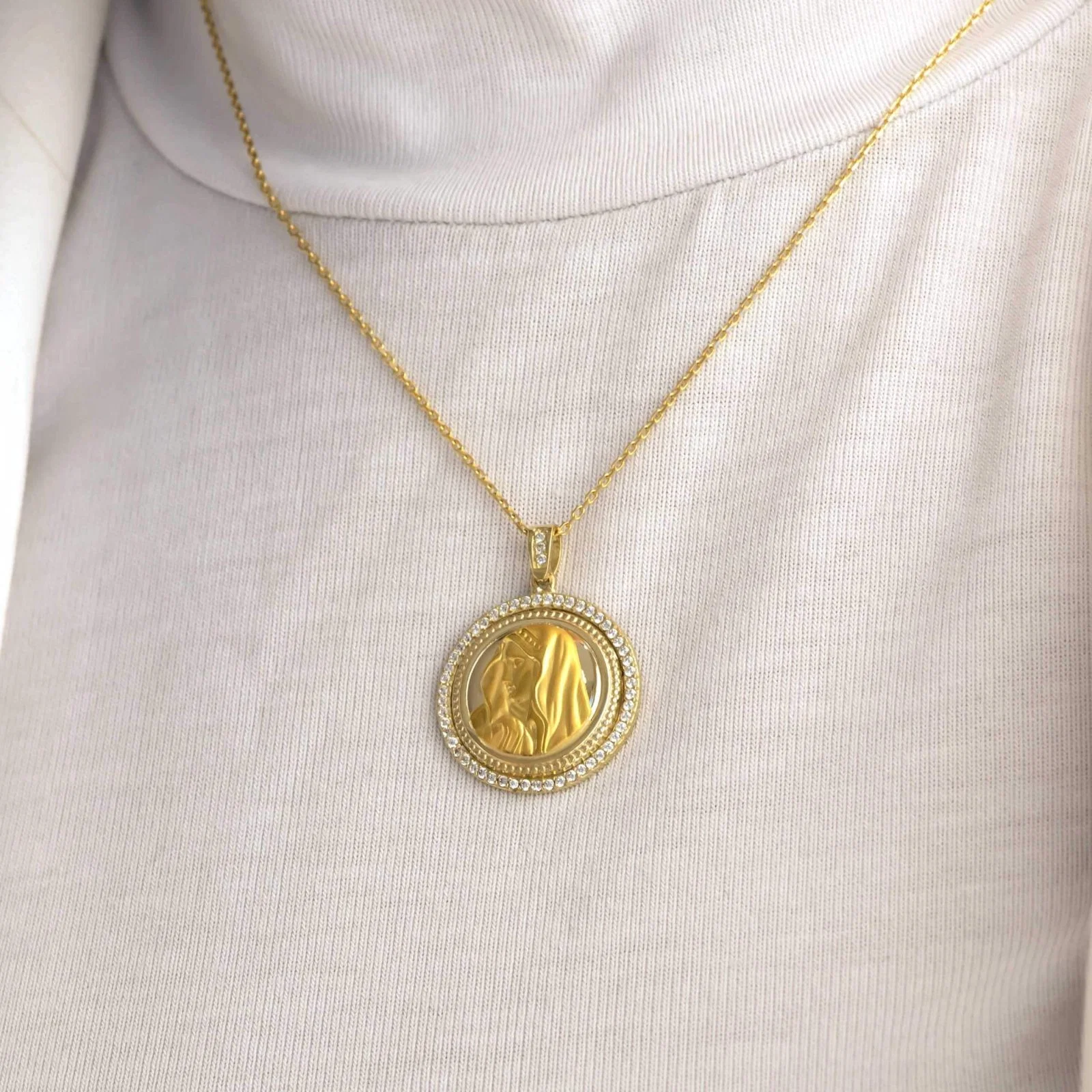 Holly Mary Circle Pendant Necklace with White CZ — additional product image 2 from AntEva Crafts