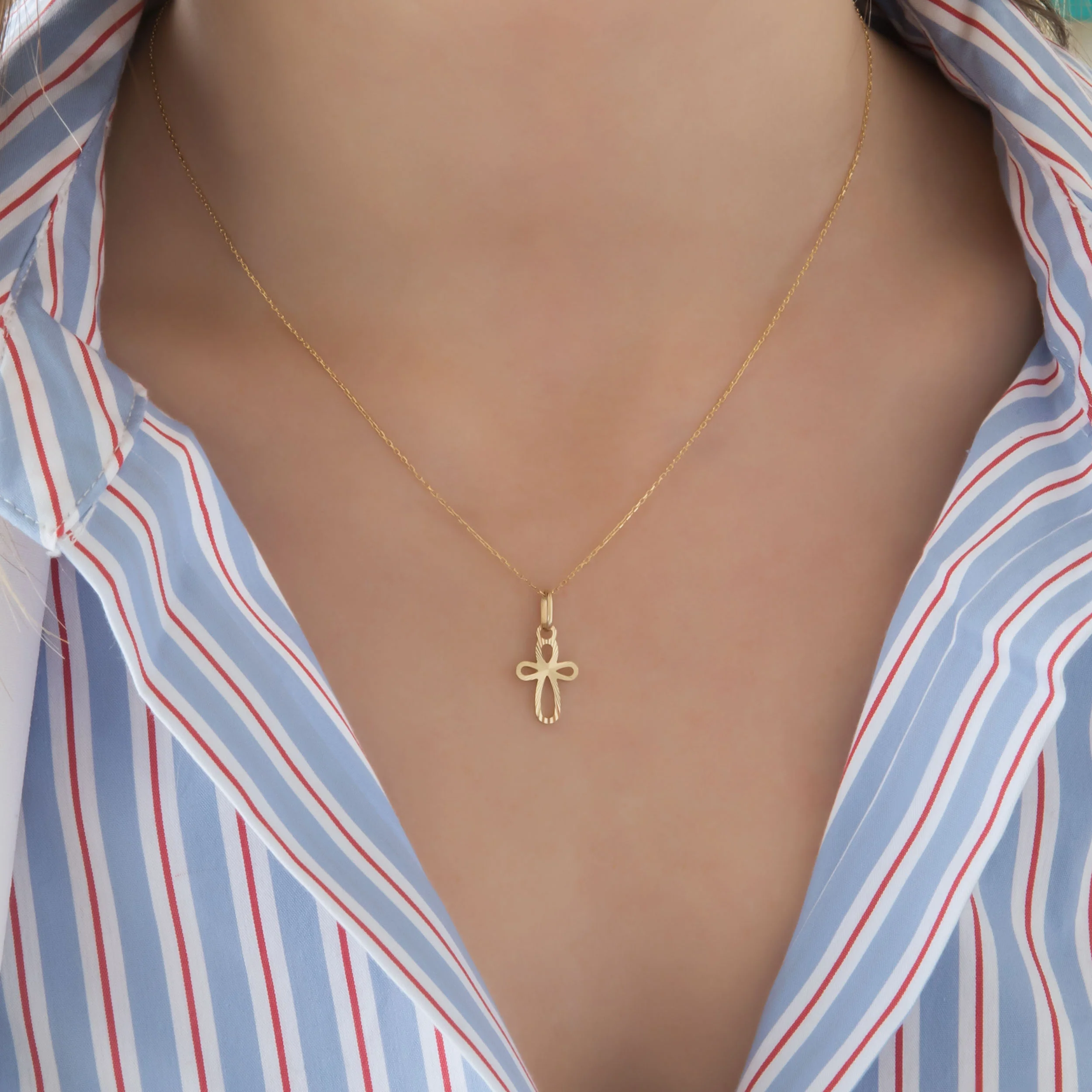 Solid Gold Open Cross Necklace with Diamond-Cut Teardrop Design — additional product image 2 from AntEva Crafts