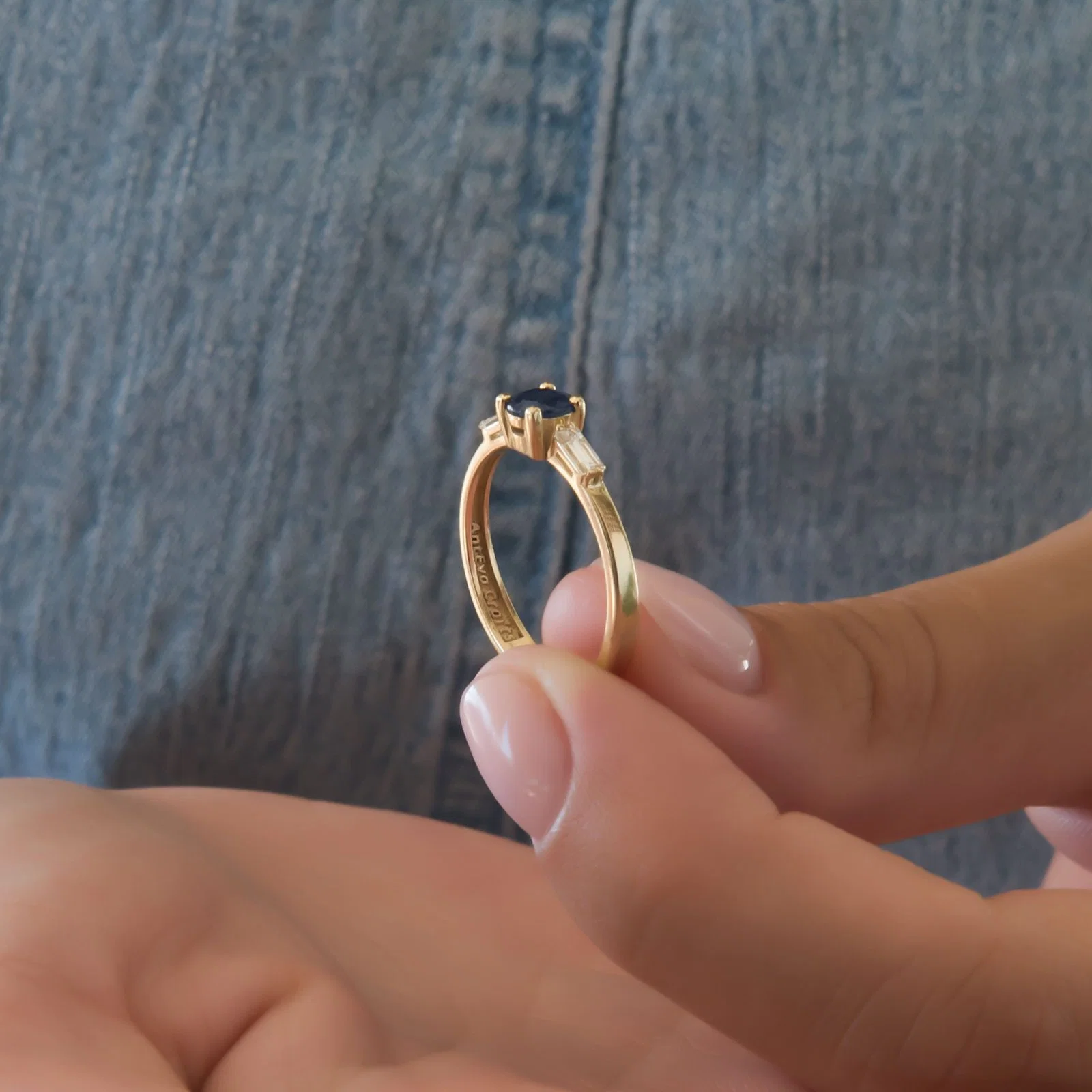 Round Birthstone Ring with 2 Baguete Diamonds — additional product image 6 from AntEva Crafts