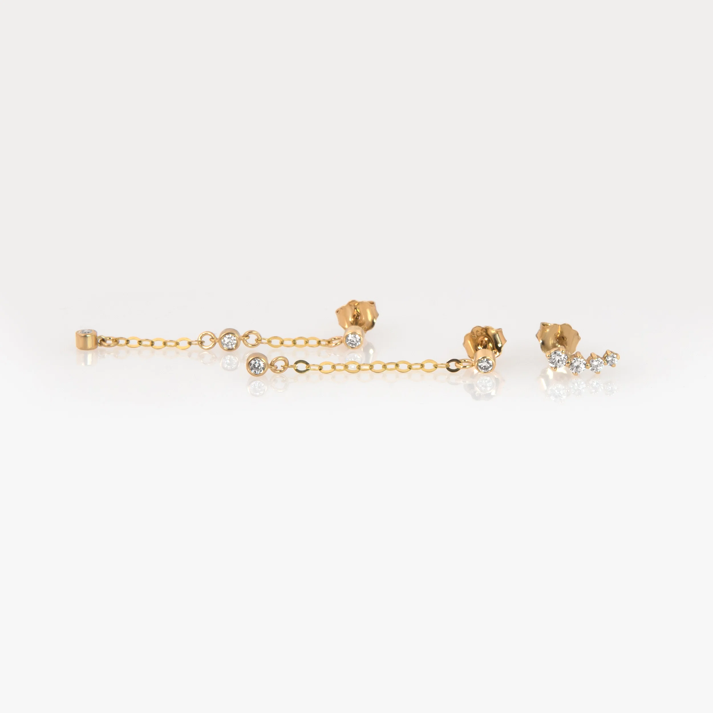 14K Solid Gold Diamond Chain Drop Earrings – 3 Lab-Grown Diamond Dangle Earrings — additional product image 3 from AntEva Crafts