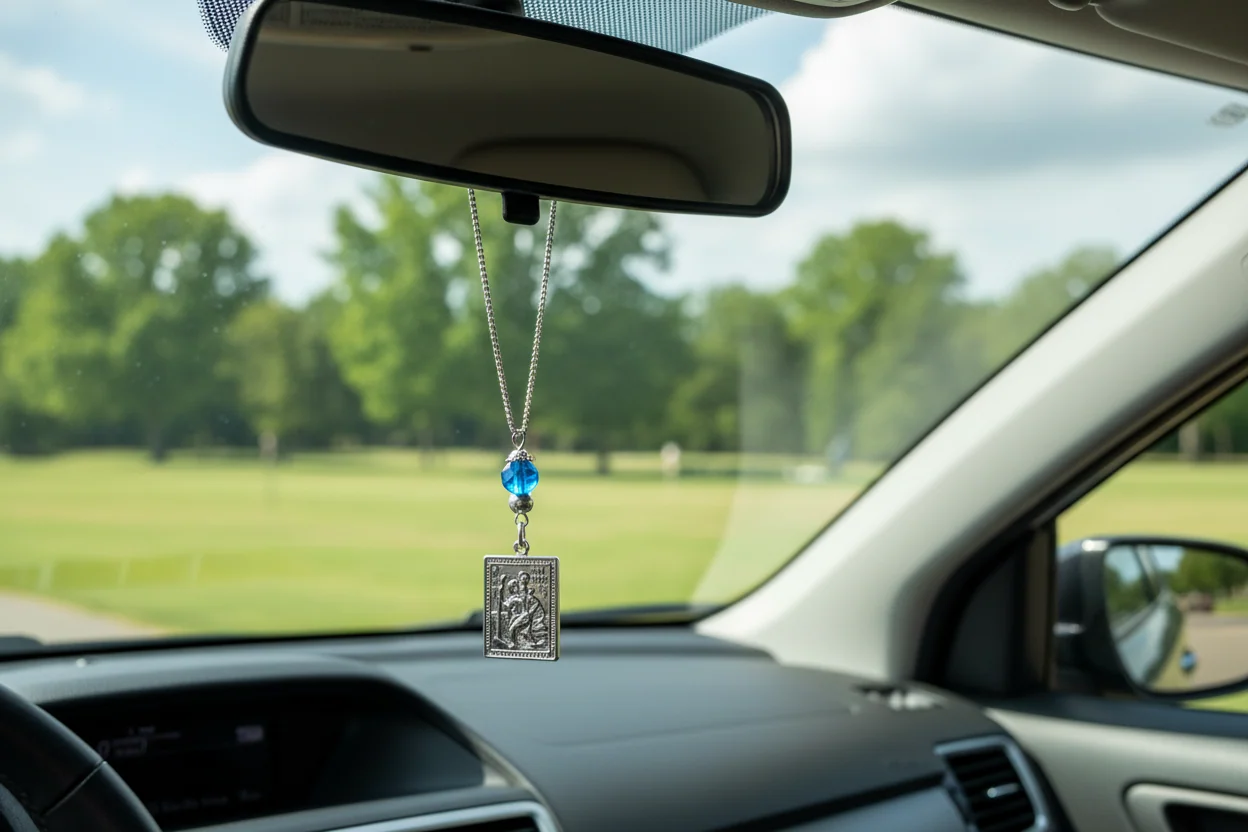 Evil Eye Holy Mary St Christopher Rearview Car Mirror Charm — additional product image 4 from AntEva Crafts