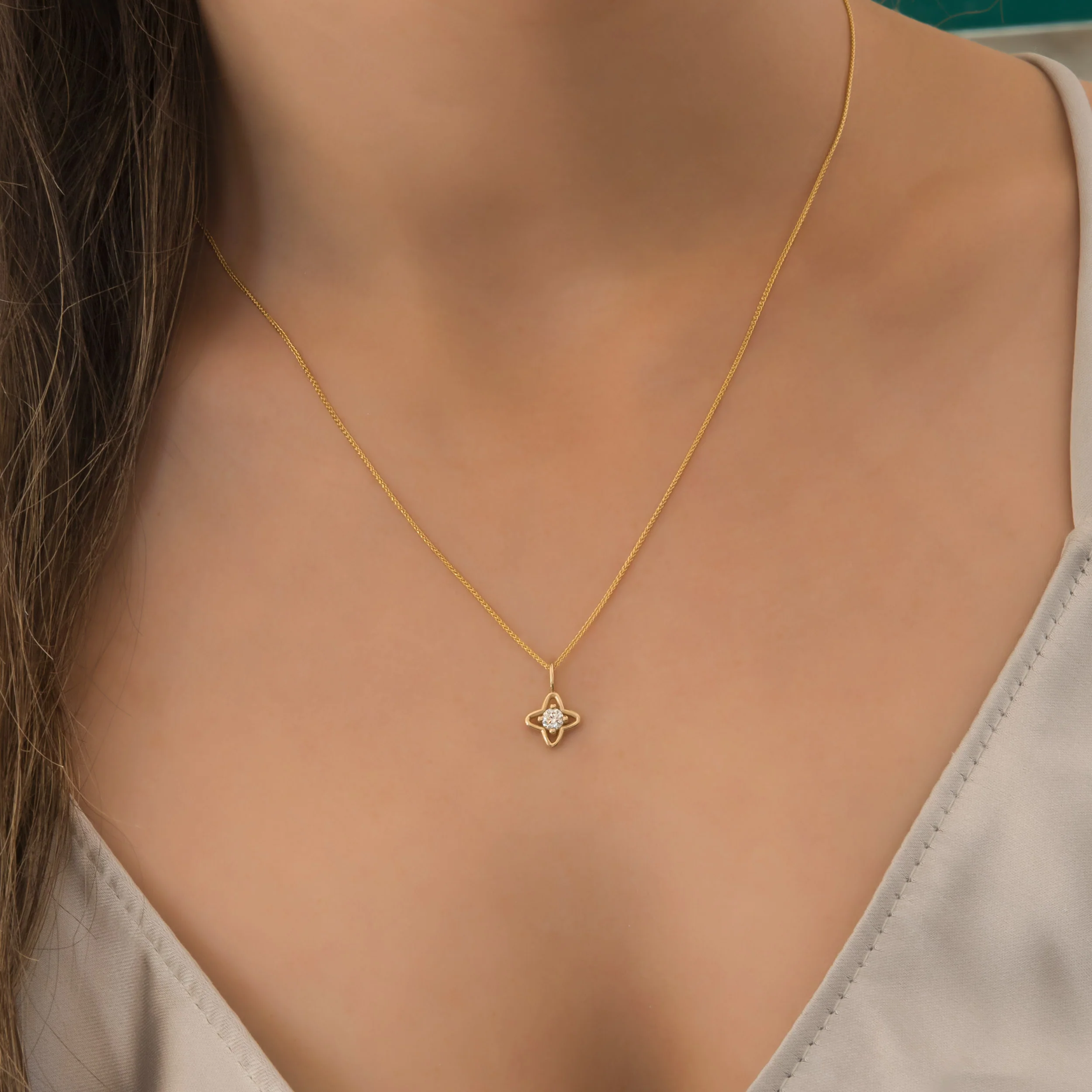14K Gold Petal Clover Diamond Necklace – Lab-Grown Diamond Floral Pendant — additional product image 2 from AntEva Crafts