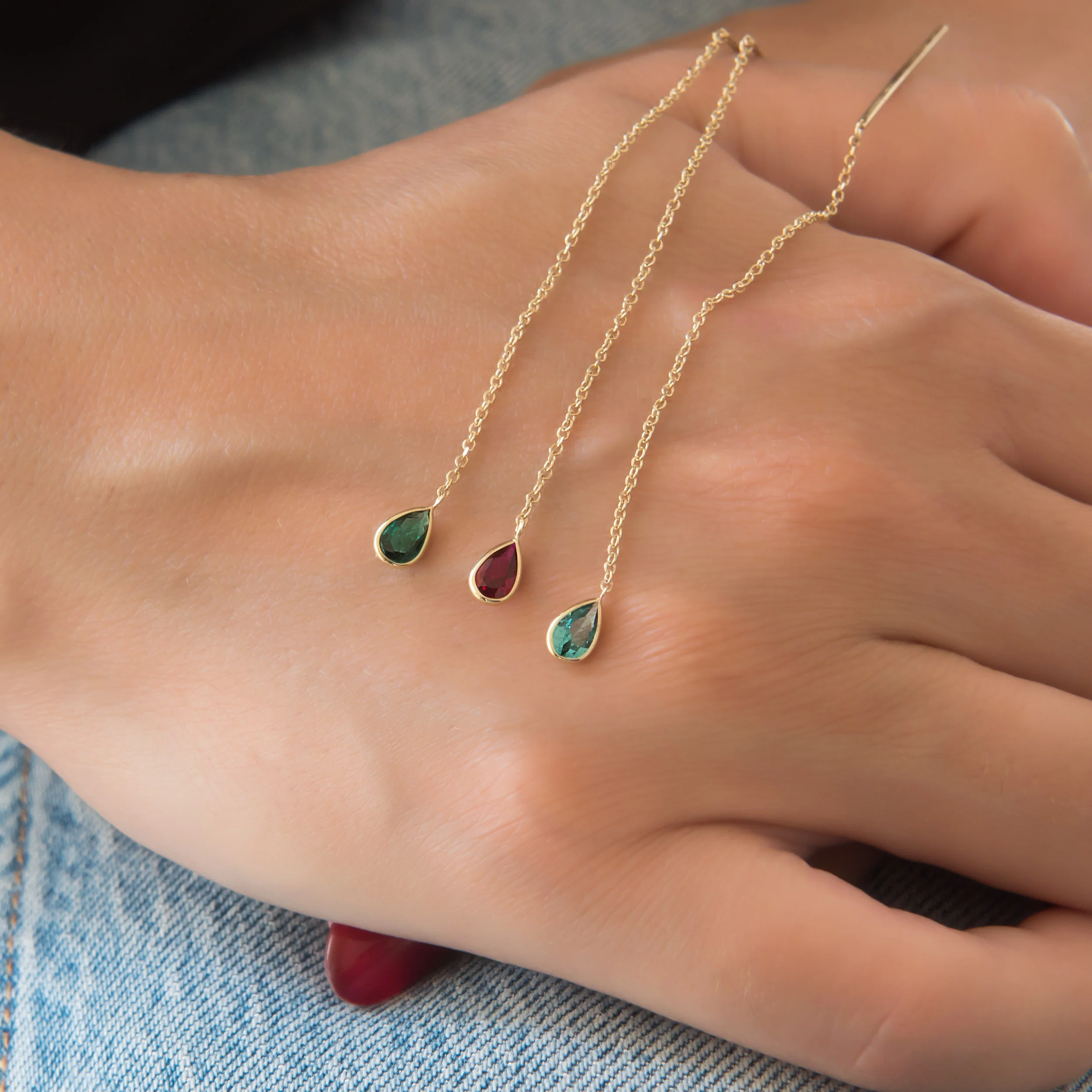 Solid Gold Threader Birthstone Earrings – Pear Shaped Gemstone Chain Earrings — additional product image 3 from AntEva Crafts