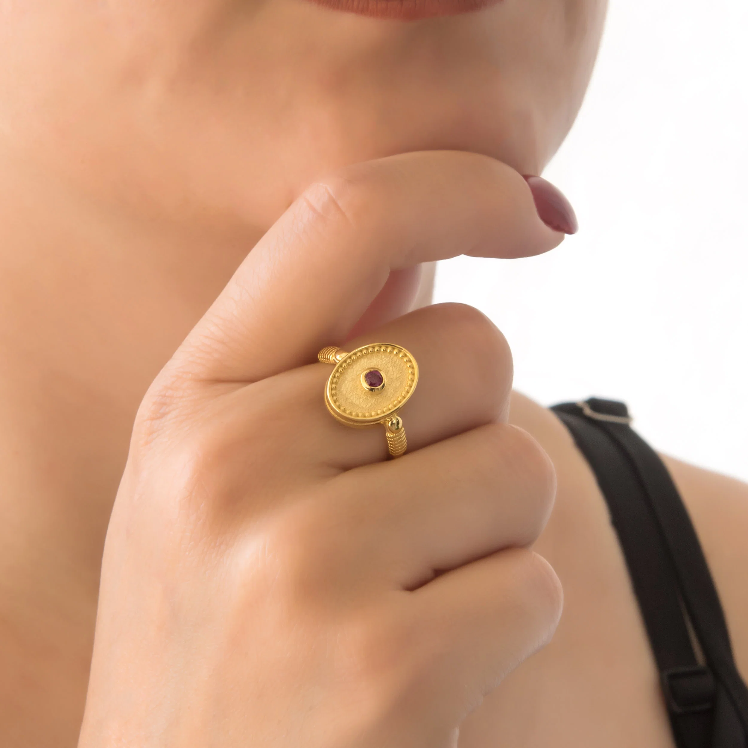 Solid Gold Oval Birthstone Ring – Vintage Milgrain Byzantine Ring — additional product image 2 from AntEva Crafts