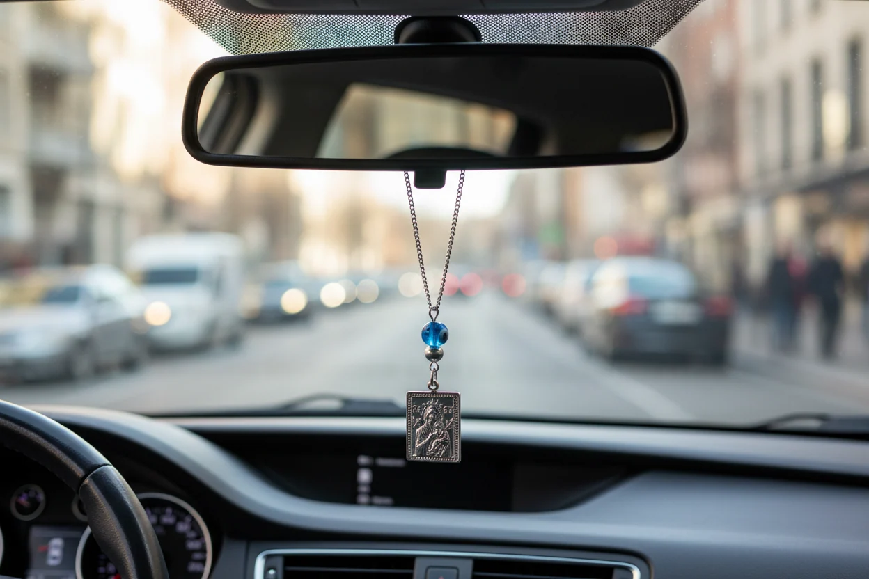 Evil Eye Holy Mary St Christopher Rearview Car Mirror Charm — additional product image 3 from AntEva Crafts