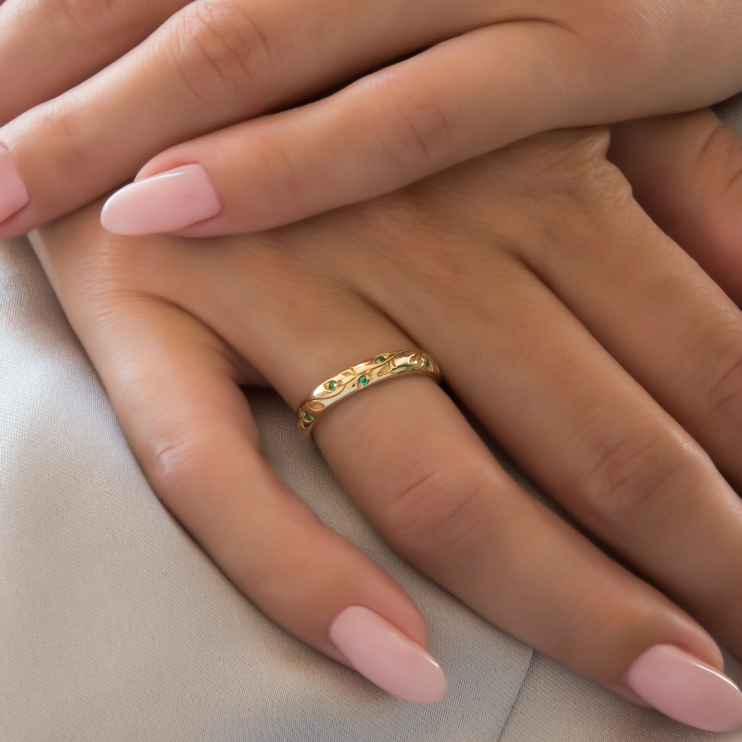 Solid Gold Botanical Wedding Band – Verdure Engraved Leaf Ring with Gemstone Accents — additional product image 2 from AntEva Crafts