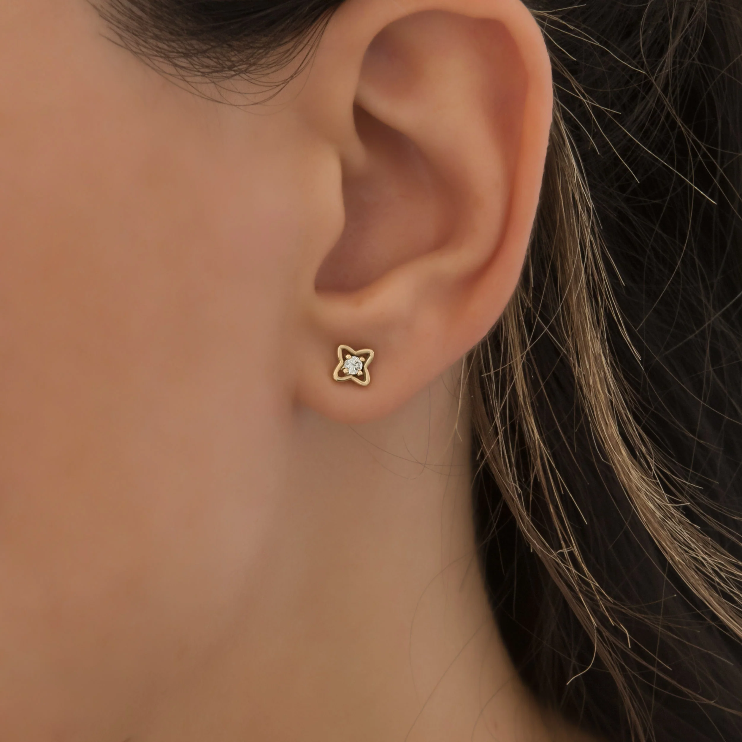14K Gold Petal Clover Diamond Stud Earrings – Lab-Grown Diamond Floral Studs — additional product image 2 from AntEva Crafts