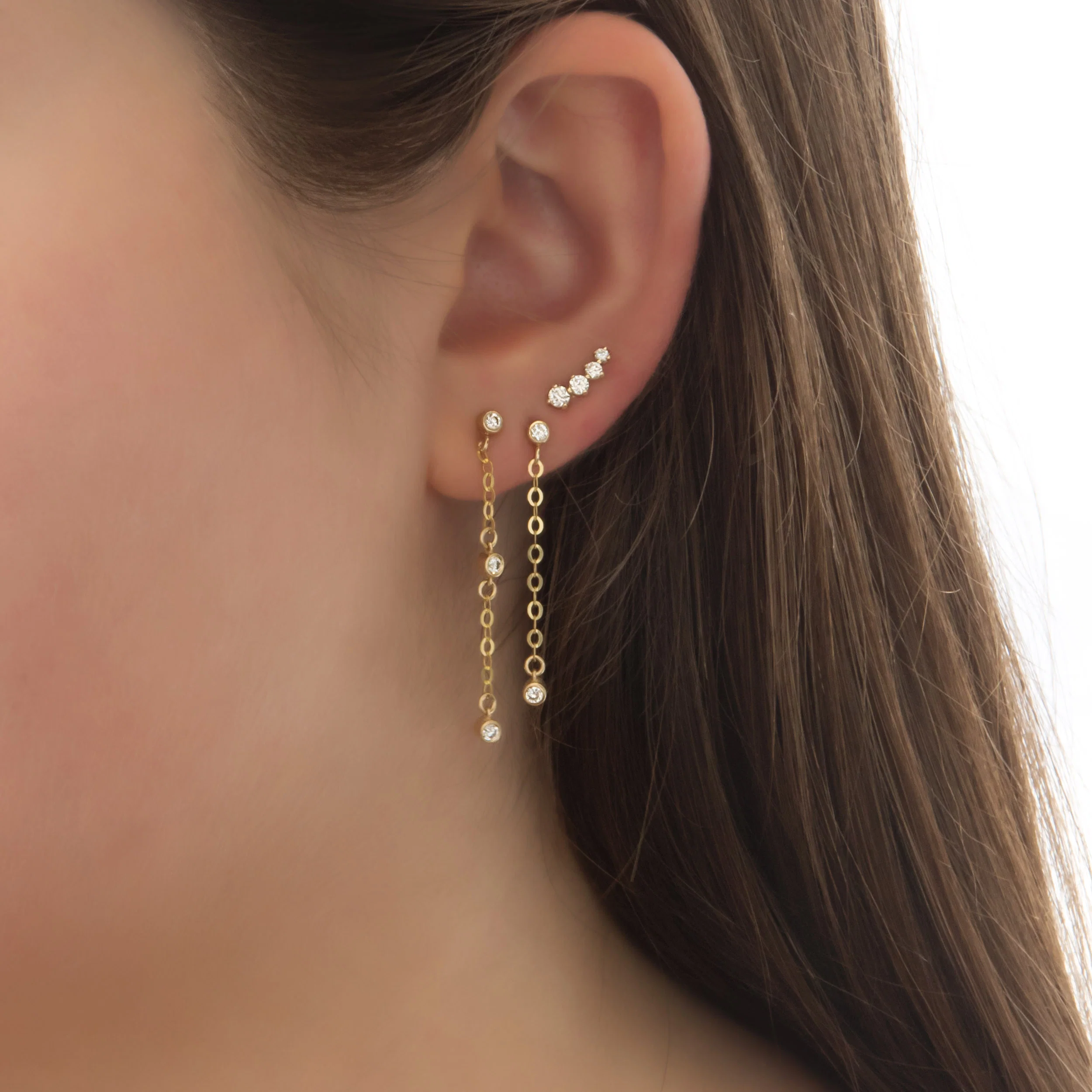 14K Solid Gold Diamond Chain Drop Earrings – 3 Lab-Grown Diamond Dangle Earrings — additional product image 5 from AntEva Crafts