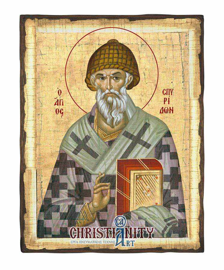 Saint Spyridon - Engraved wooden aged image on canvas with golden background - Mount Athos