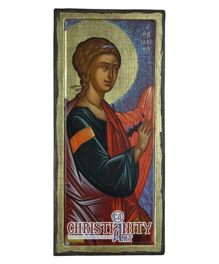 Archangel Gabriel - 100% handmade wooden image on canvas with golden background - Mount Athos