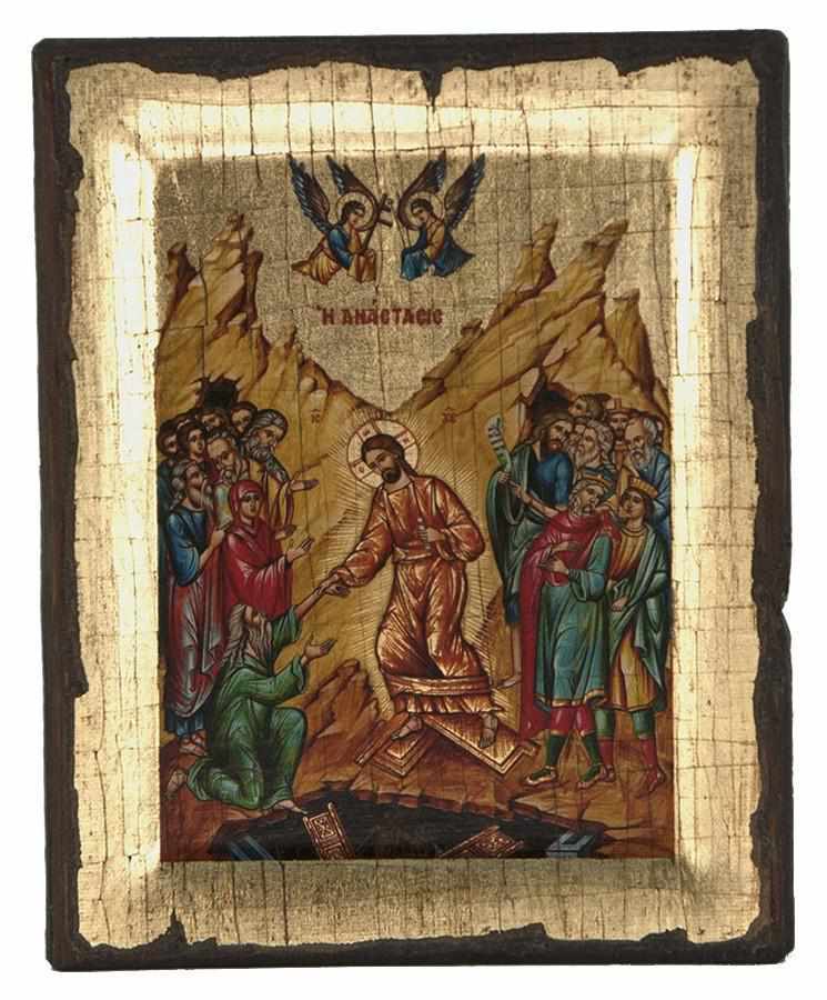 The Resurrection of Christ - Engraved wooden aged image on canvas with golden background - Mount Athos — additional product image 5 from Christianity Art