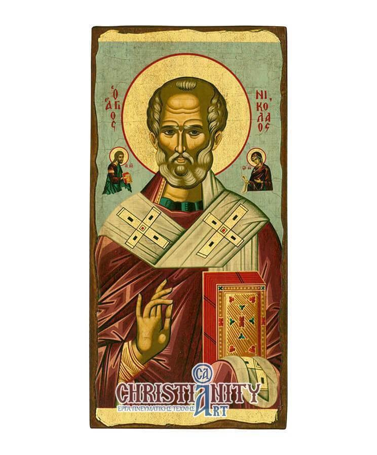 Saint Nikolaos - Wooden aged image on canvas with golden background - Mount Athos