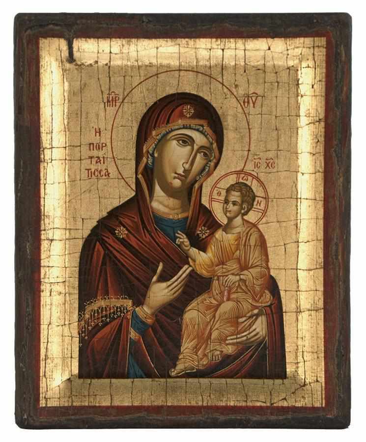 Virgin Mary Portaitissa - Engraved wooden aged image on canvas with golden background - Mount Athos — additional product image 5 from Christianity Art