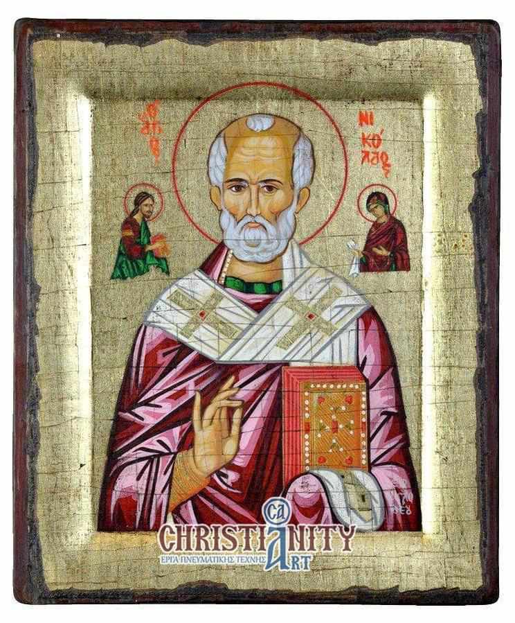 Saint Nikolaos - Handmade icon of hagiography on aged wood - Mount Athos