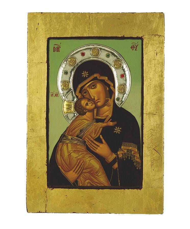 Virgin Mary Vladimir - Old wooden image with silver halo locally gold plated - Mount Athos — additional product image 11 from Christianity Art