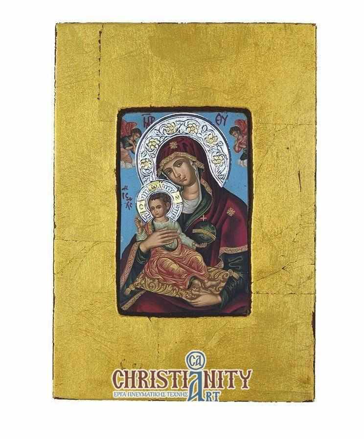 Virgin Mary Babykrateusa - Old wooden image with silver halo locally gilded - Mount Athos