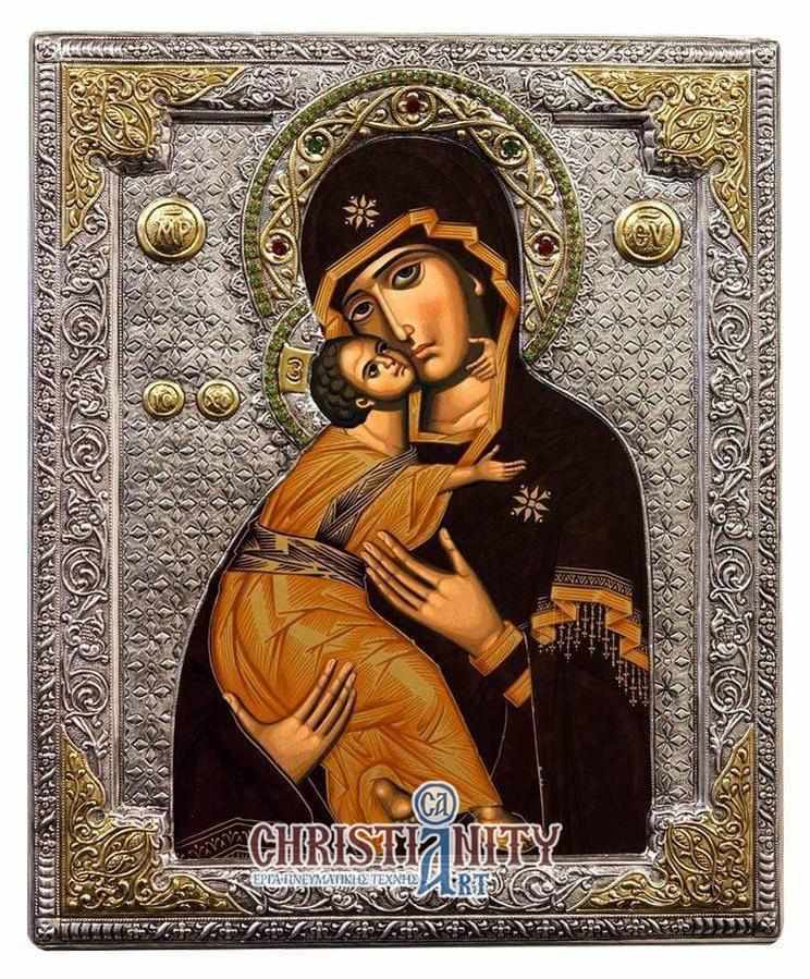 Virgin Mary Vladimir - Silver image in wood, locally gilded - Mount Athos — additional product image 2 from Christianity Art