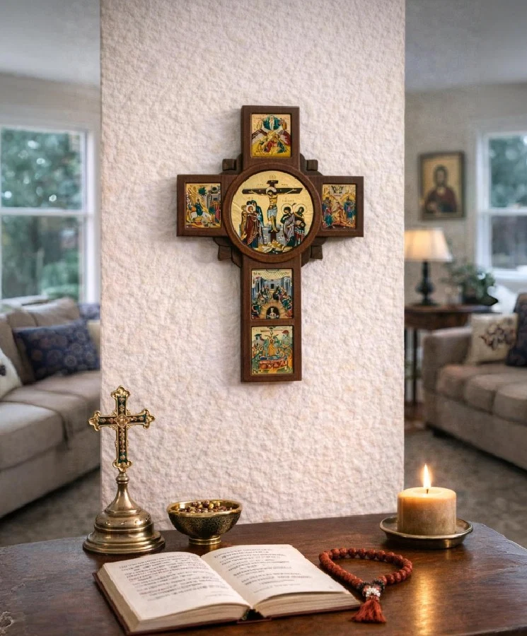 Wooden Cross of Blessing – Composition of Dodekaortos icons with the Crucifixion of Christ — additional product image 2 from Christianity Art