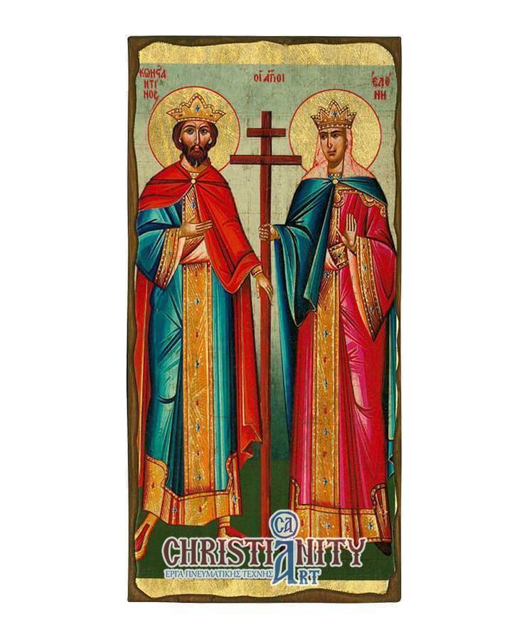 Saint Constantine and Saint Helen - Aged wooden picture on canvas with gold background - Mount Athos